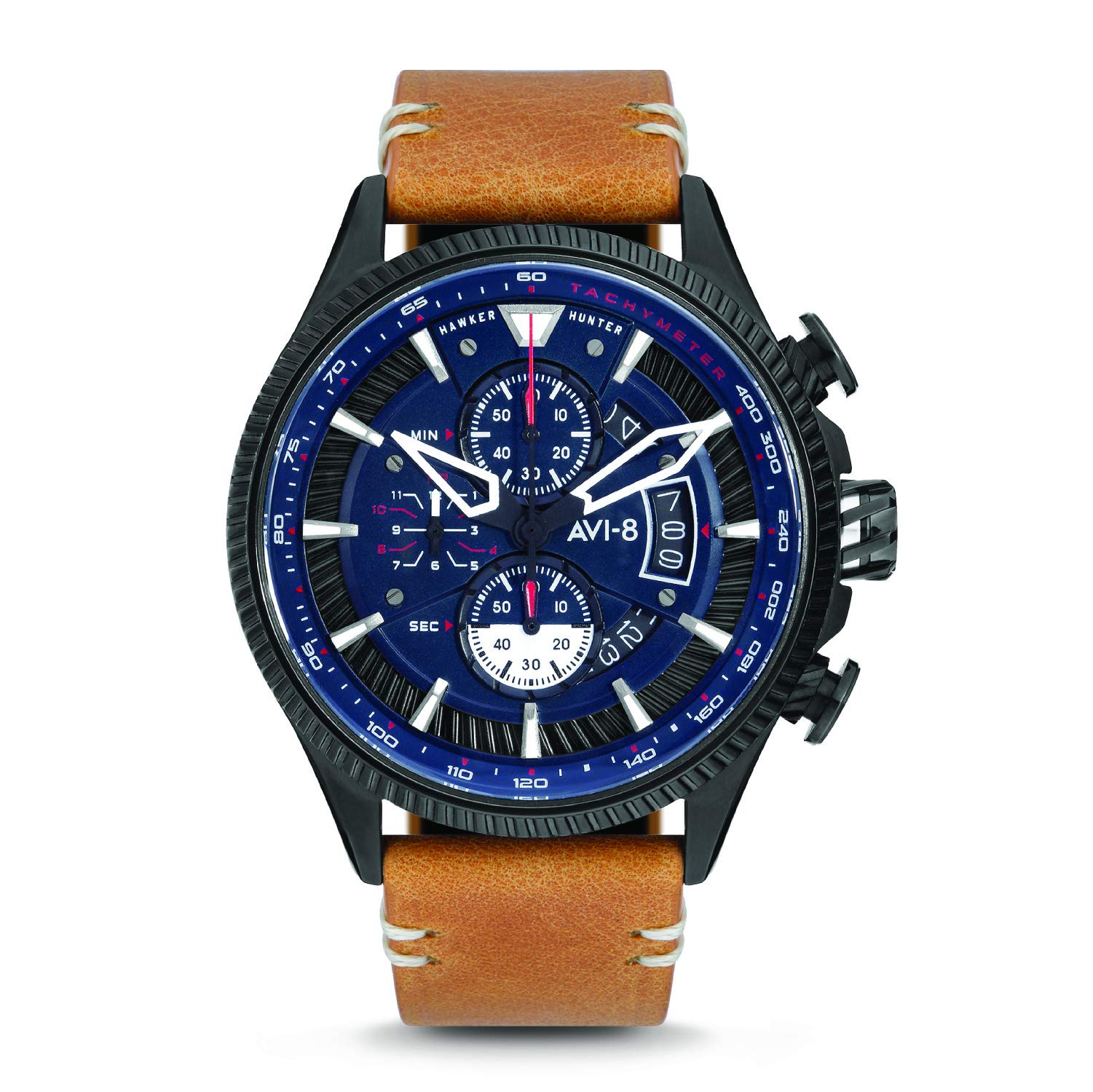 AVI-8 Men's Hawker Hunter Avon Chronograph Carbon Navy with Tan Genuine Leather Strap Watch 45mm - AV-4064-01