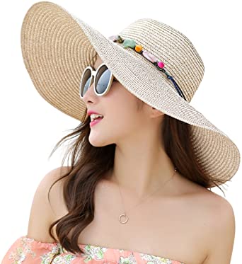 Lanzom Womens 5.5 Inches Wide Brim Straw Hat Floppy Foldable Roll up Cap Beach Sun Hat UPF 50+