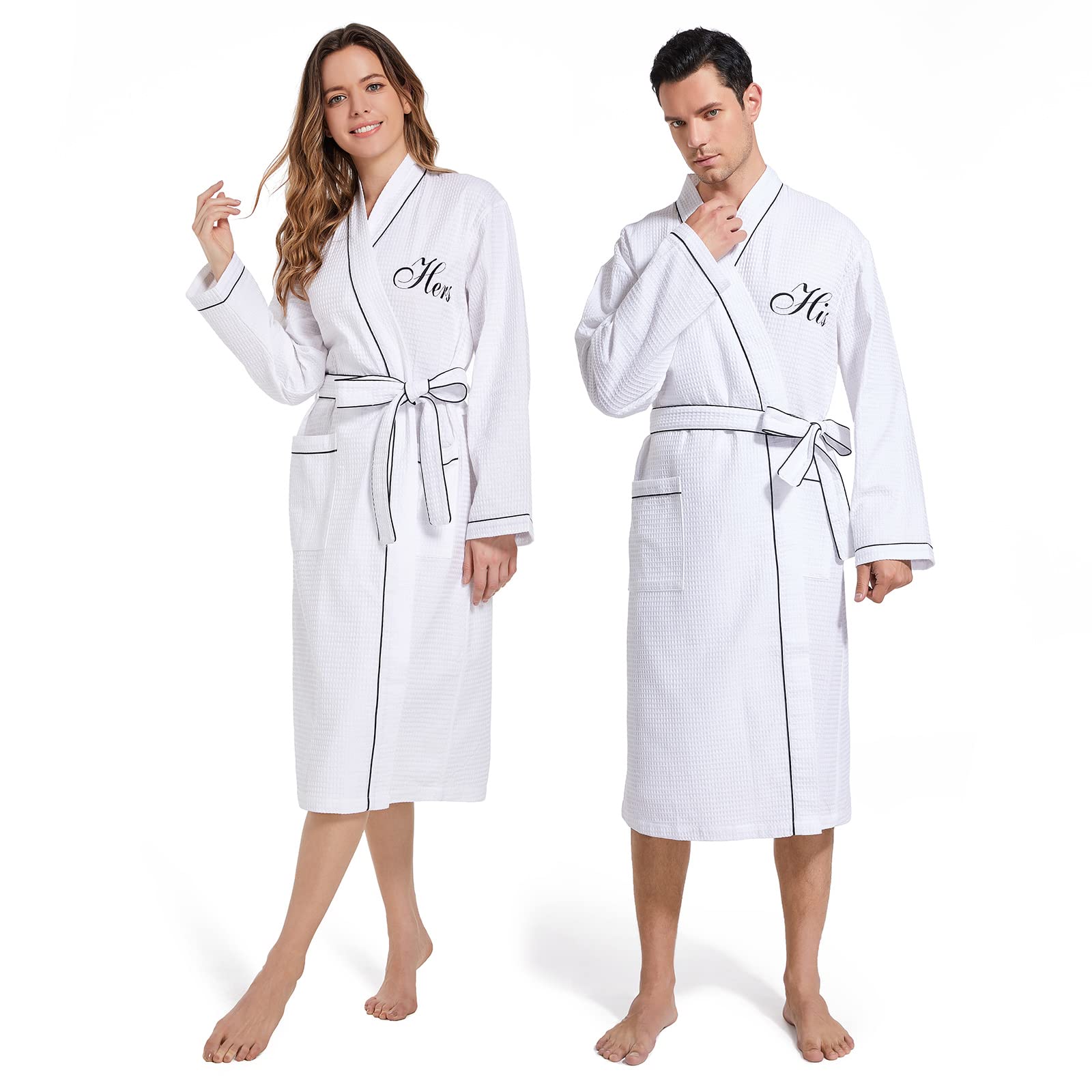 CONOMAX 2Pcs Couples Dressing Gown Waffle Robe Sets Cotton Bathrobe for Hotel Spa Party Kimono robe with His and Hers Embroidery
