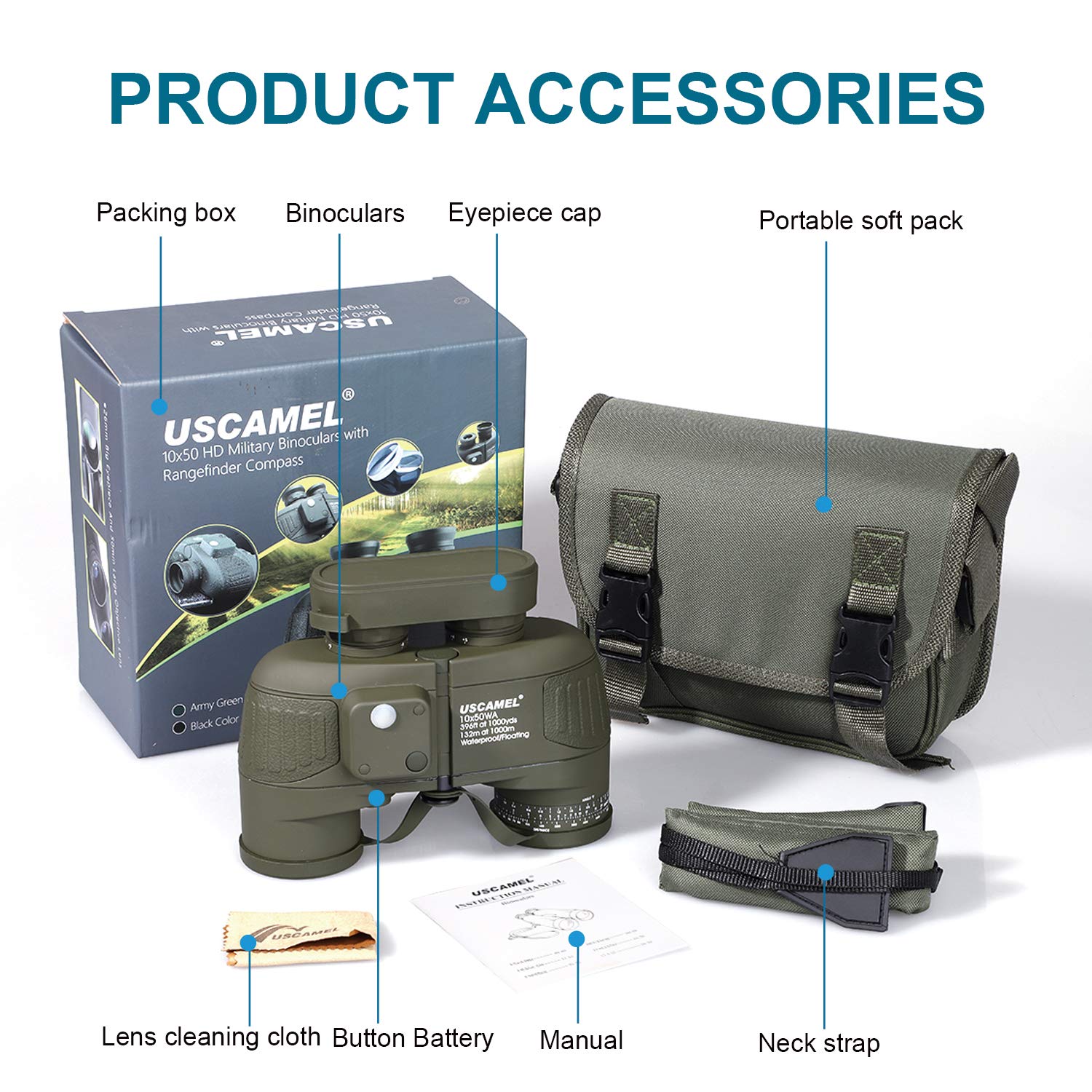 USCAMEL® 10x50 HD Military Binoculars with Rangefinder Compass Telescope Nitrogen Filled Waterproof Sports Optics Army Green