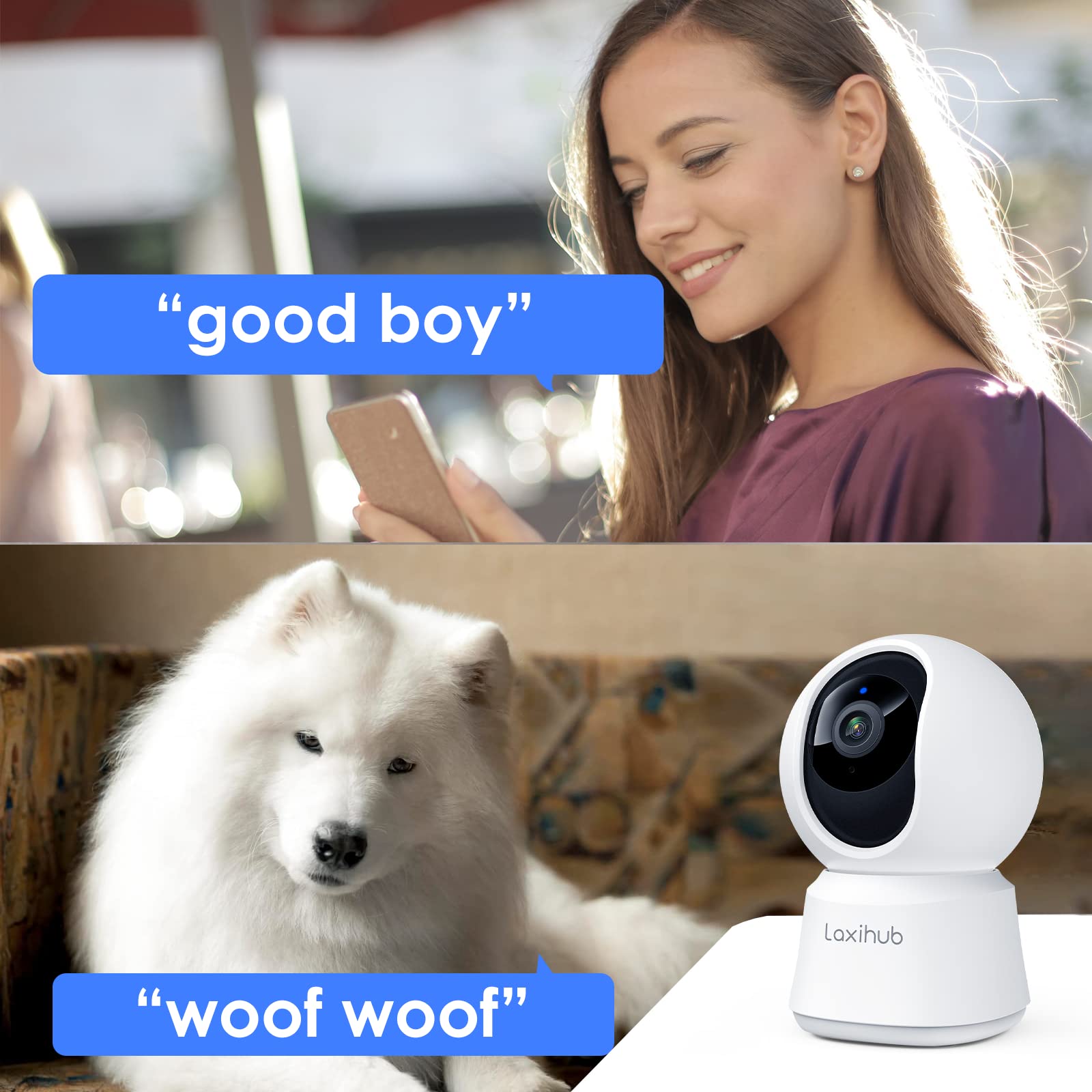 Pet Dog Camera, Laxihub Cat Camera Puppy Baby Cam with App WiFi Camera Indoor Home Security 1080P, Night Vision 2-Way Audio Motion Sound Detection Works with Alexa