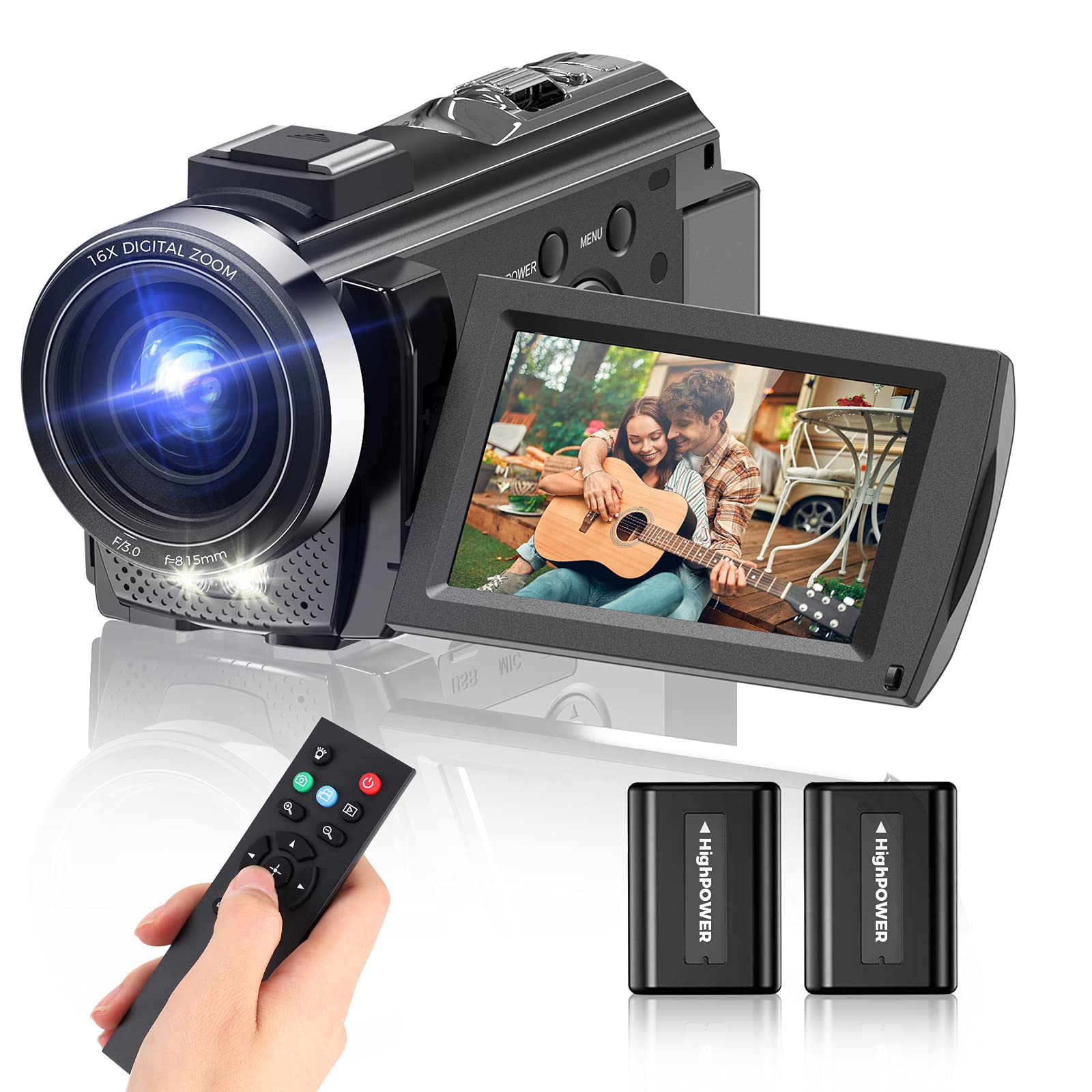 Video Camera Camcorder, Full HD 1080P Digital YouTube Vlogging Camera Recorder,Video Camera 30FPS 3.0 Inch LCD 270 Rotatable Degrees IPS Screen with Remote Control 2 Batteries