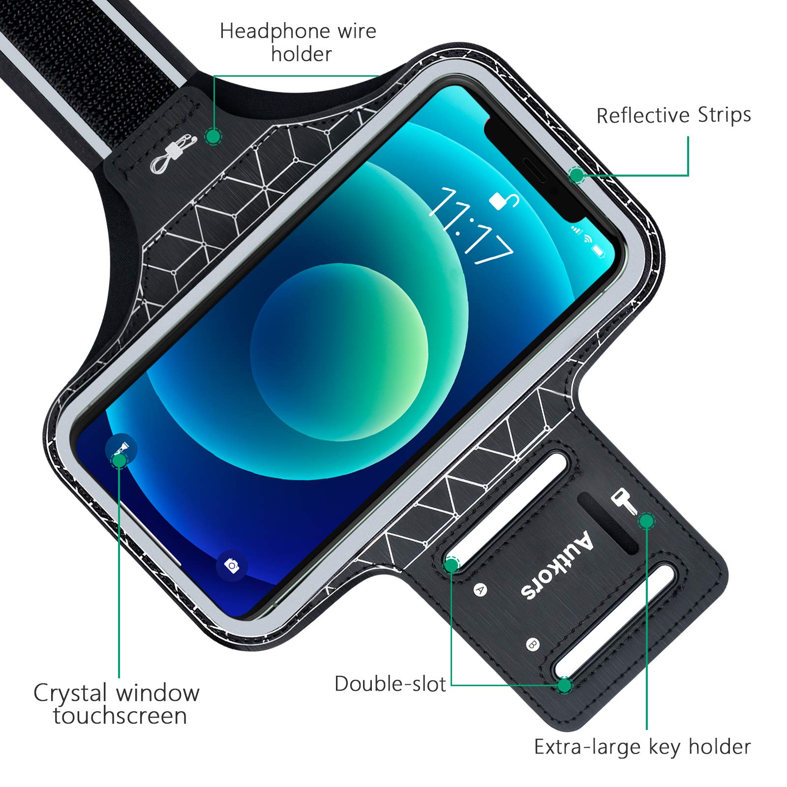 Autkors Running Armband for iPhone 13/13 Pro/12/12 Pro/SE 2020/11/11 Pro/XS/XR/X up to 6.1", Skin-Friendly Sweatproof Sports Phone Armband with Key and Headphone Slot-Perfect for Jogging, Gym