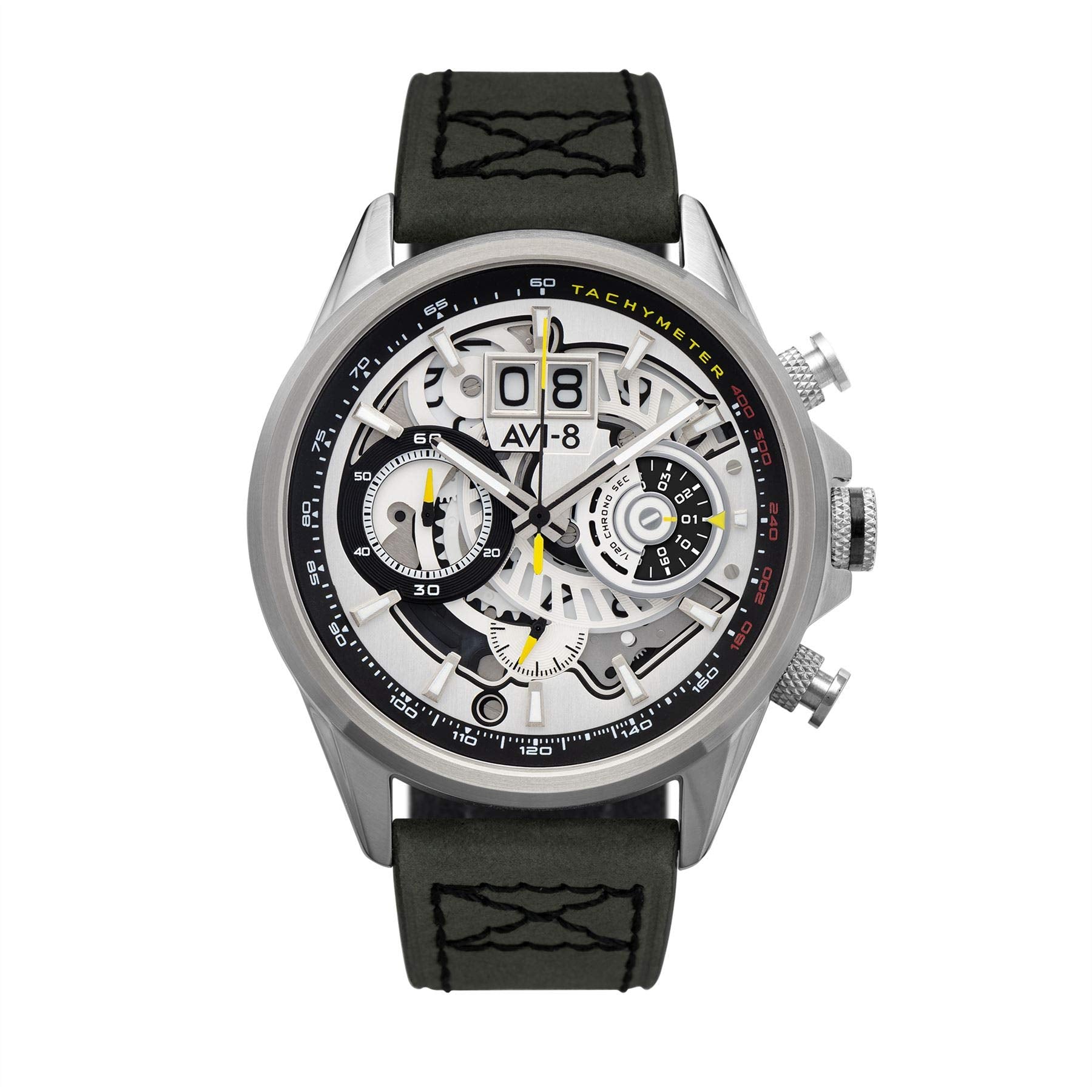 AVI-8 Men's Hawker Harrier Matador Chronograph Ivory Steel with Green Genuine Leather Strap Watch 45mm - AV-4065-01