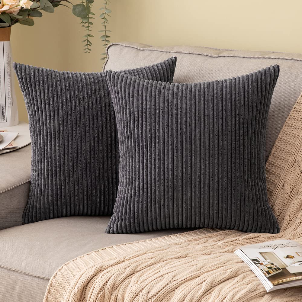 Comvi Dark Grey Cushions with Covers Included Sets 4 Pcs – (2 Cushion Inserts, 2 Cushion Covers) –Strip Corduroy Sofa Cushions - Cushions for bed - Cushions 45cm x 45cm - Grey Cushion Cover filled