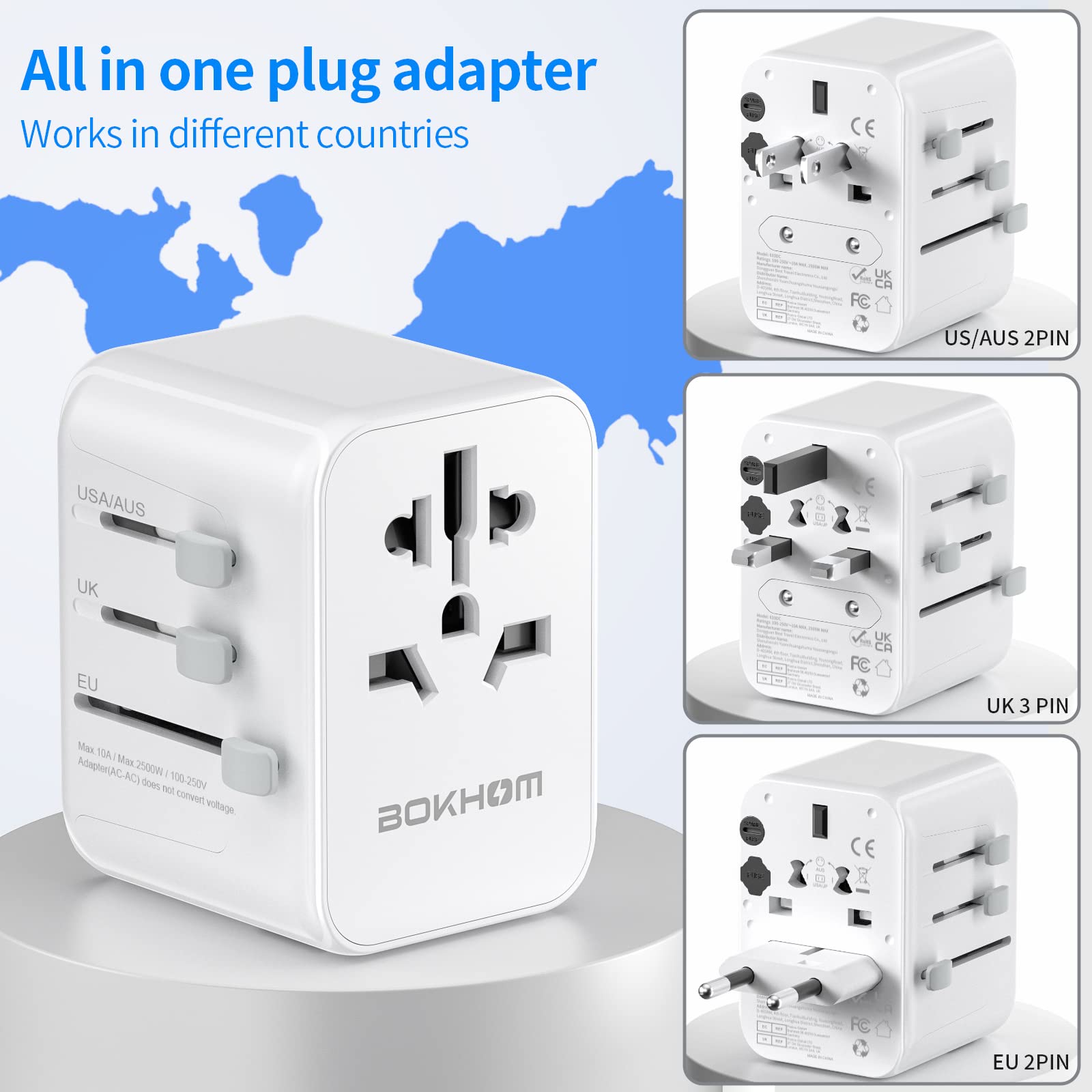 Worldwide Travel Adapter with USB C PD 30W Fast Charging , Travel Plug Adapter (3 USB C 2 USB-A ) Universal Socket Dual 10A Fuses Surge Protection All In One International Adapter - EU UK US AU Plugs