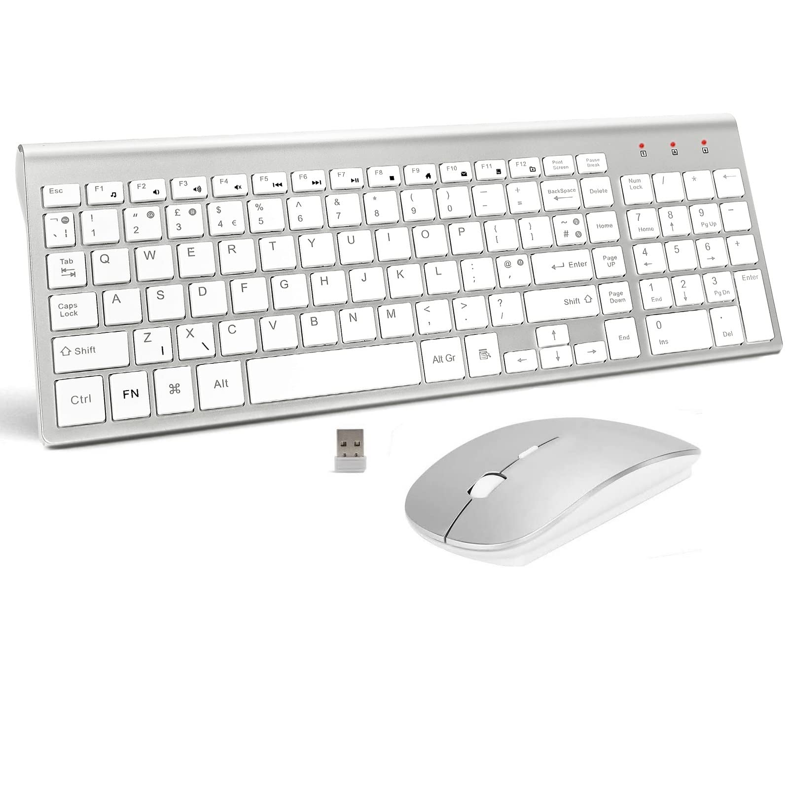FENIFOX Wireless Keyboard and Mouse Sets,UK Layout 2.4Ghz USB Receiver Full Size Keyboard Combo Compact Compatible with iMac Mac PC Laptop Tablet Computer Windows (Silver White)