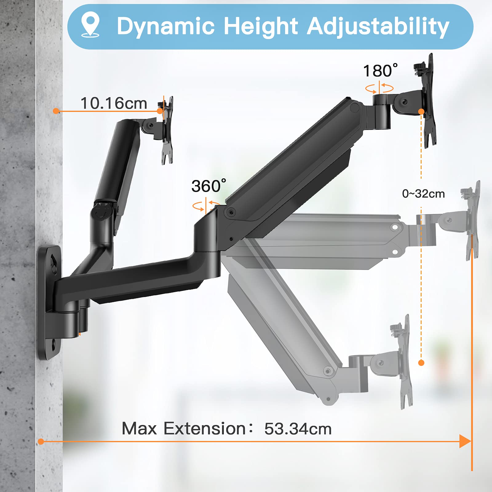 HUANUO Dual Monitor Wall Mount for 17 - 27 inch Screens, Wall Mounted Monitor Arm with Gas Spring Arm, Wall Mount Monitor Arm Support VESA 75/100mm, Load Capacity 3-8KG