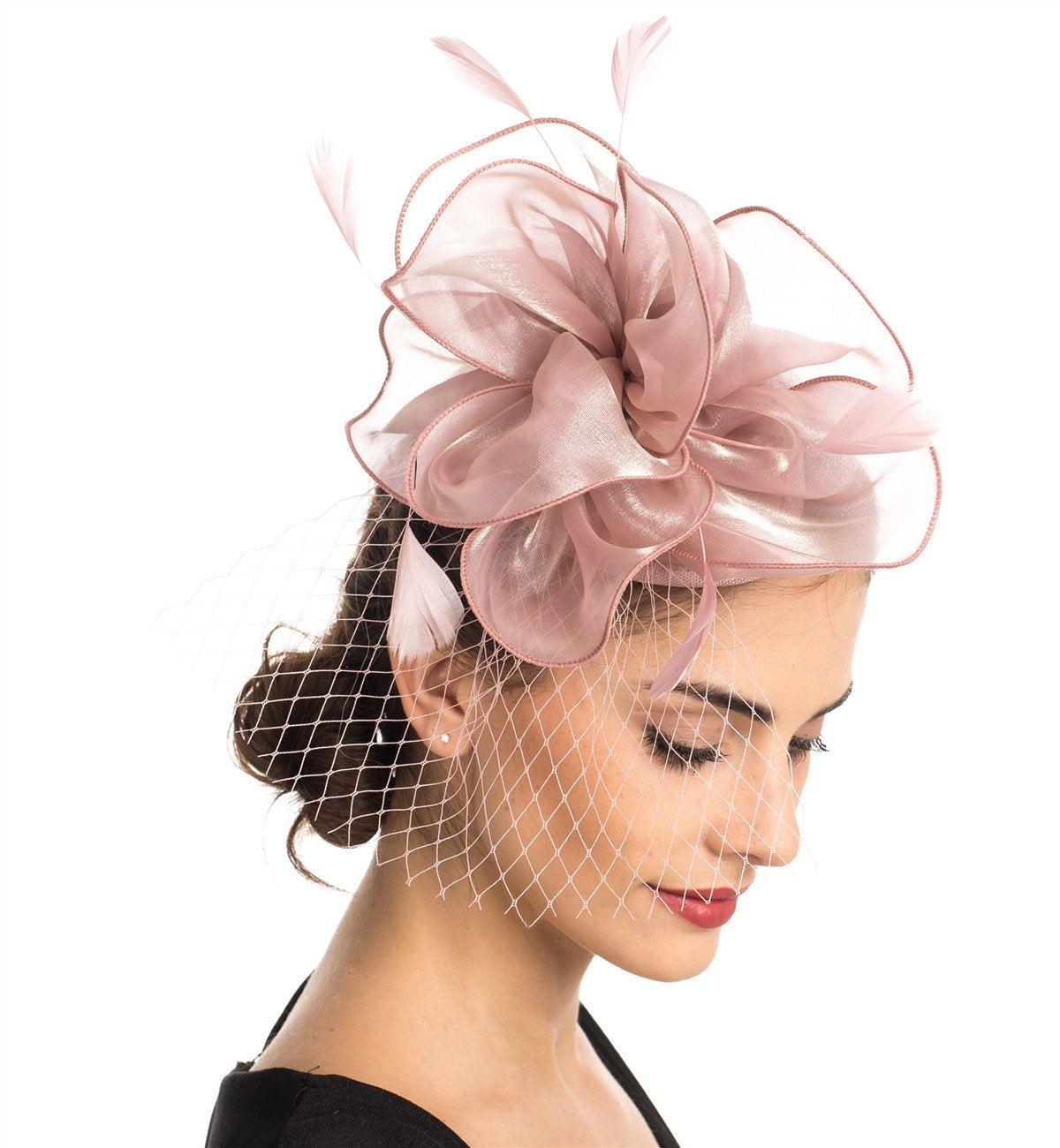 Fascinator Hat Feather Mesh Net Veil Party Hat Ascot Hats Flower Derby Hat with Clip and Hairband for Women