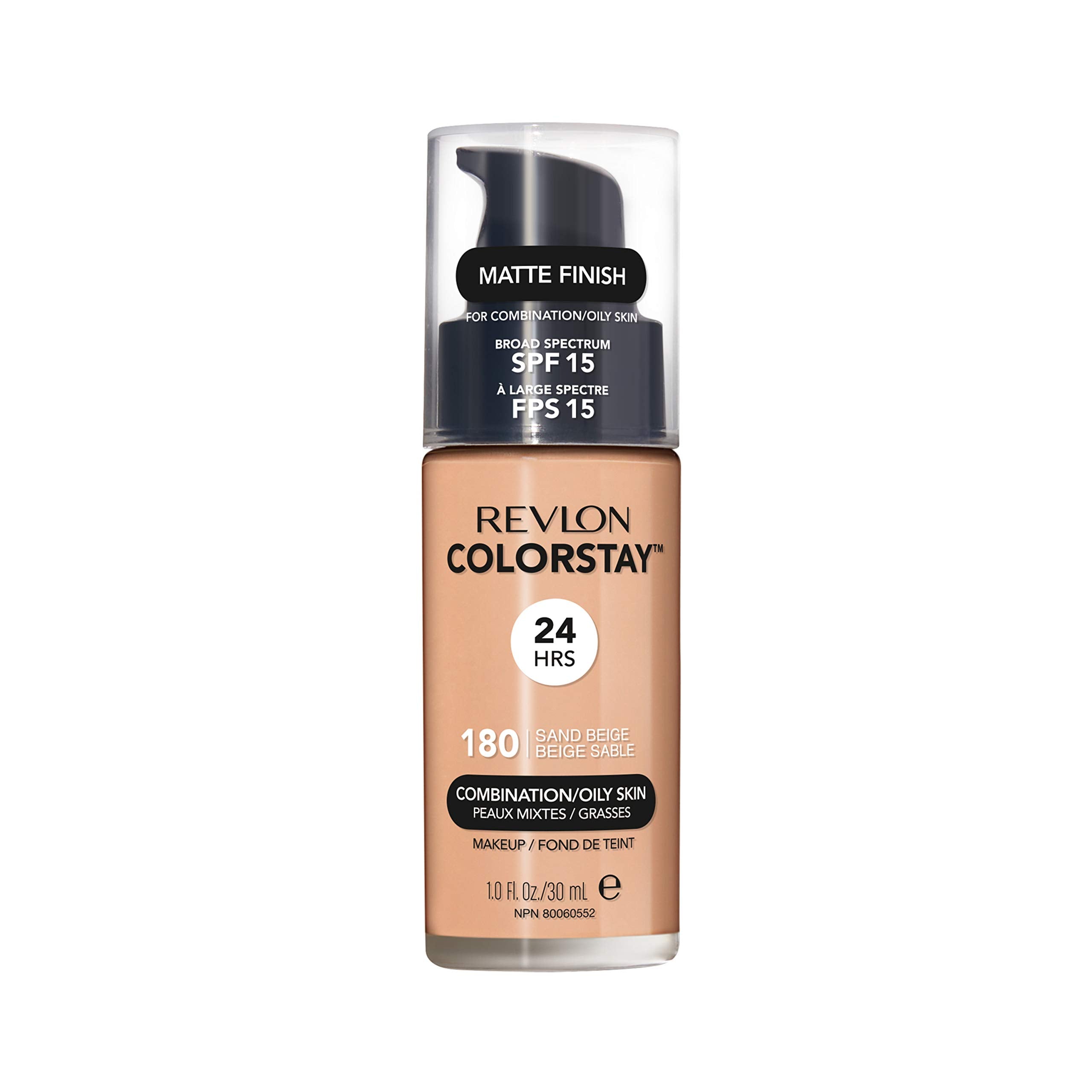 Revlon Colorstay Liquid Foundation Makeup for Combination/Oily Skin SPF 15, Longwear Medium-Full Coverage with Matte Finish, Sand Beige (180), 30 ml