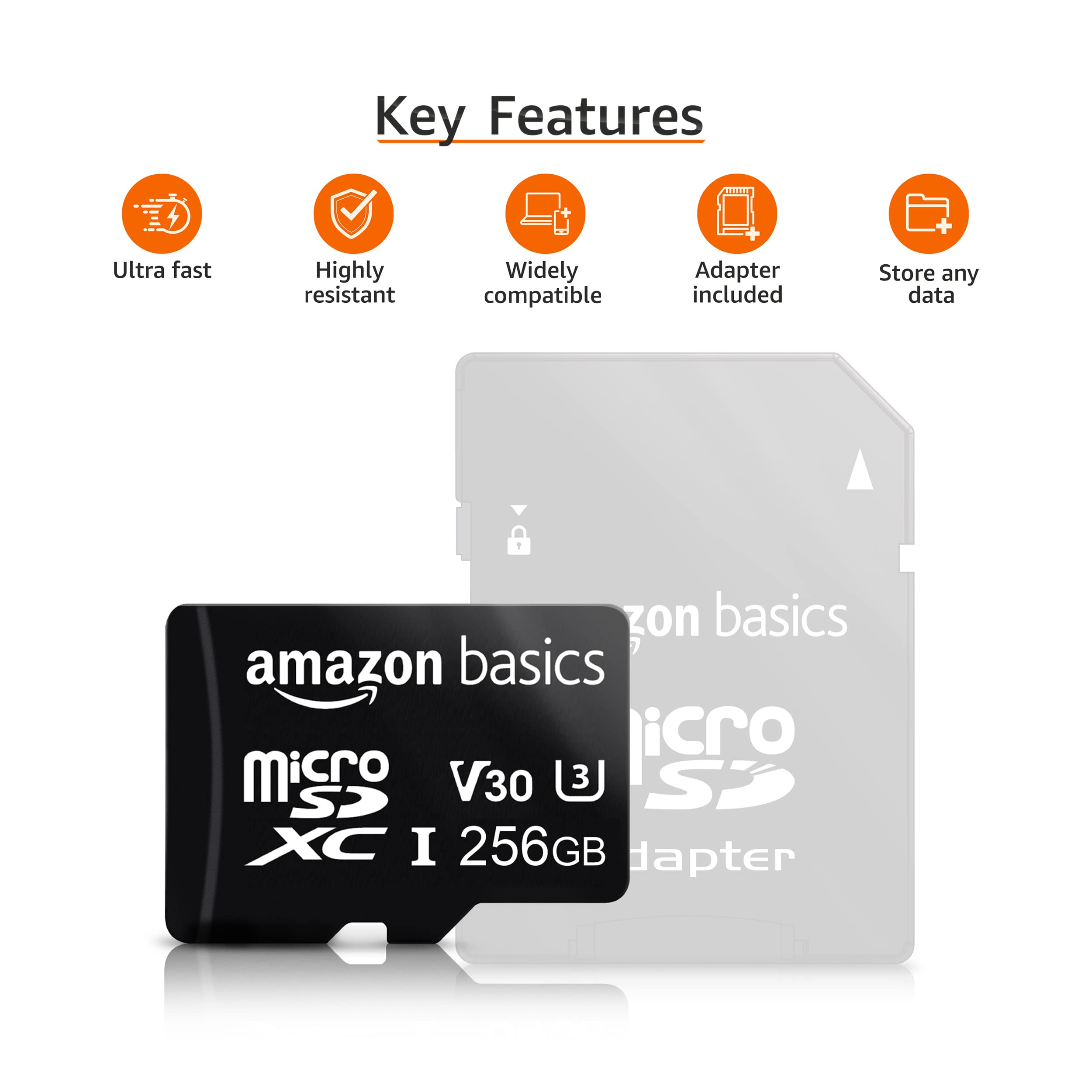 Amazon Basics - MicroSDXC, 256 GB, with SD Adapter, A2, U3, Read Speed up to 100 MB/s