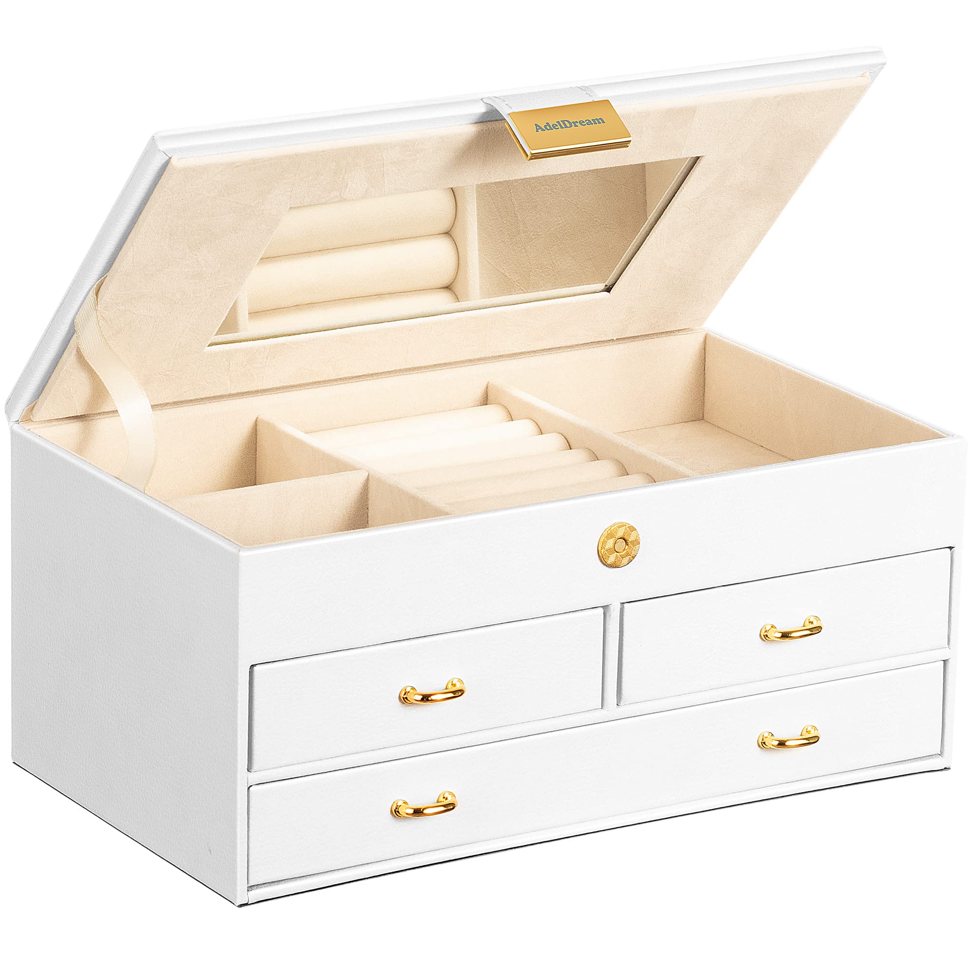 ADEL DREAM Jewellery Box Jewellery Box with 2 Drawers, Lockable Jewellery Organiser with Mirror, Removable Travel Box for Rings, Bracelets, Earrings, Velvet Lining (J11-3White)
