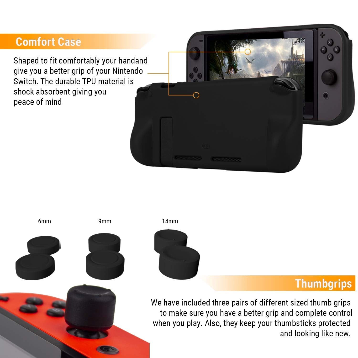 Orzly Accessory Bundle Kit designed for Nintendo Switch Accessories Geeks and OLED console users Case and Screen Protector, Joycon Grips and Wheels for enhanced games play and more - Jet black