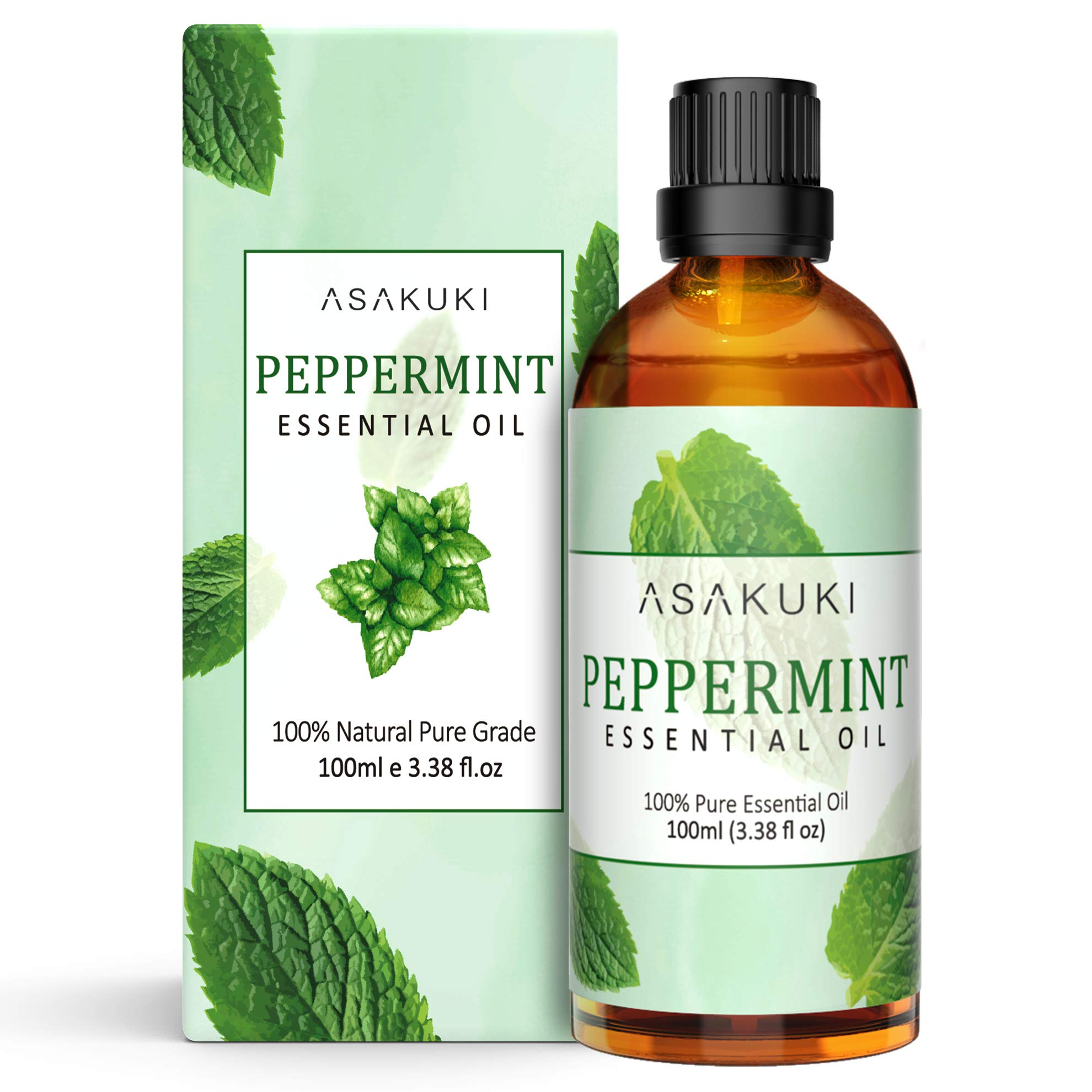 ASAKUKI Peppermint Essential Oil 100ml, 100% Pure Natural Essential Oils, Organic Aromatherapy Essential Oil, Scented Oils for Diffuser, Humidifier, Relax, Sleep, Perfect Gifts