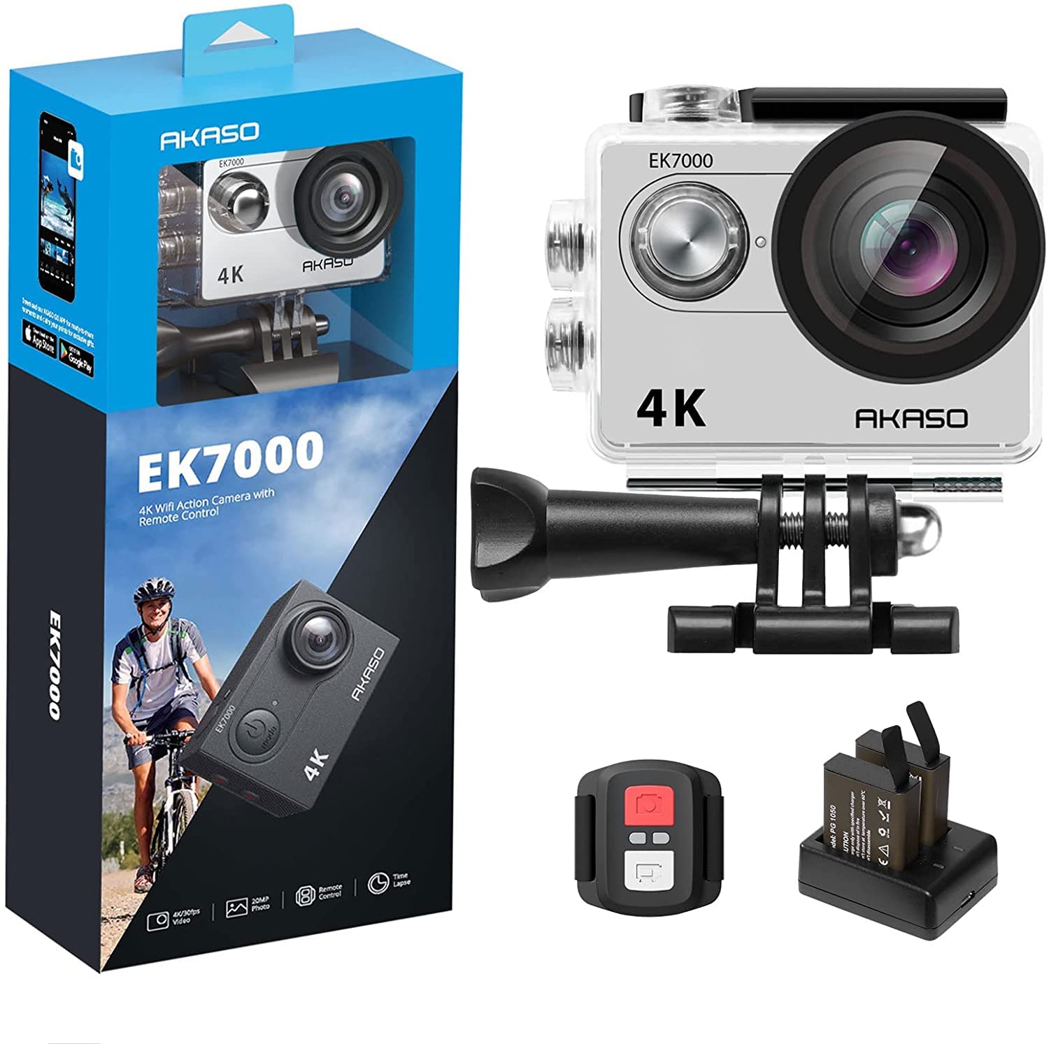 AKASO EK7000 4K Sport Action Camera Ultra HD Camcorder 12MP WiFi Waterproof Camera 170 Degree Wide View Angle 2 Inch LCD Screen W/2 Rechargeable Batteries/19 Accessories Kits- Silver
