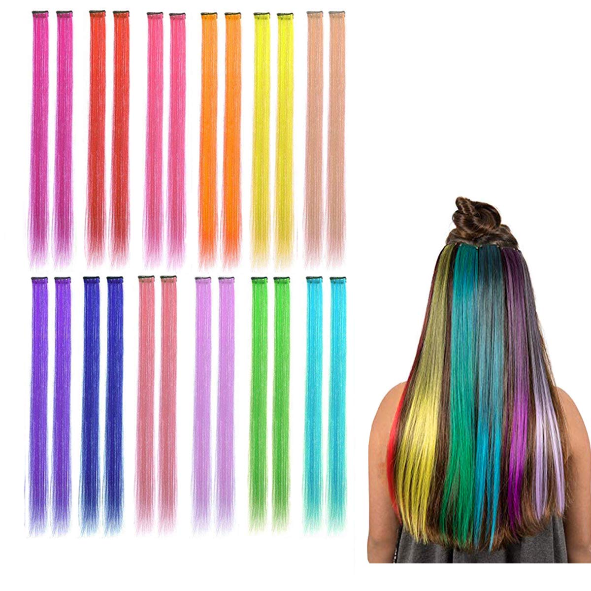 Kyerivs Colored Clip in Hair Extensions 24 PCS 12 Colors Rainbow Heat-Resistant Straight Highlight Hairpieces Cospaly Fashion Party Christmas Gift For Kids Girls - 20inch