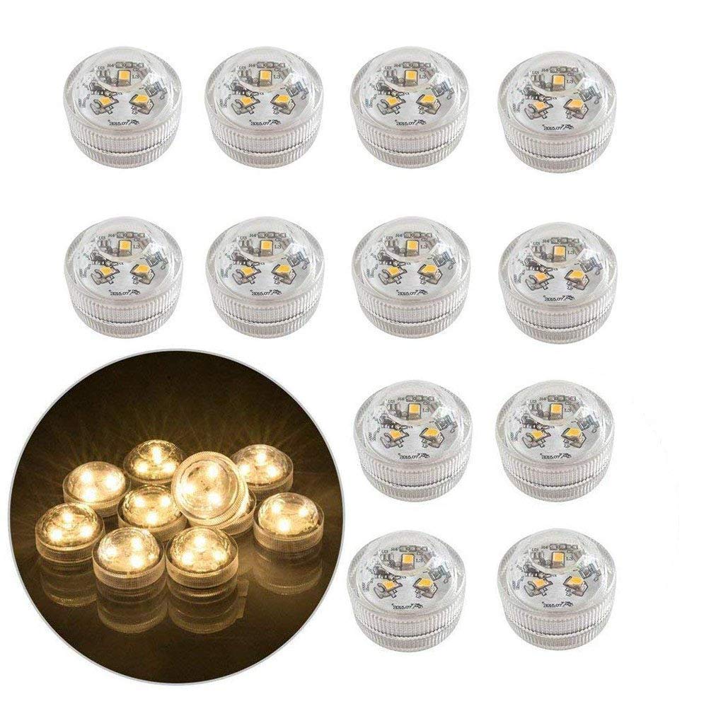 12x Underwater LED Flameless Tea Lights, Battery Operated Submersible Waterproof Decorative Candle Lights for Fish Tank / Pond / Swimming Pool / Wedding / Party (Warm White)