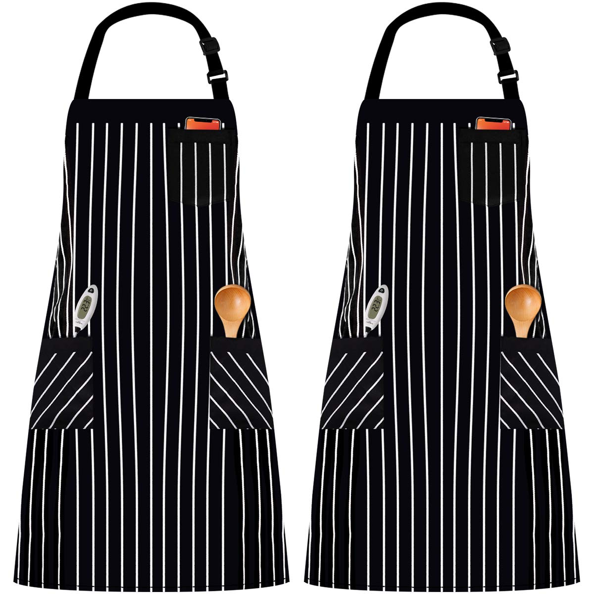 InnoGear 2 Pack Unisex Adjustable Bib Apron with 3 Pockets Cooking Kitchen Chef Women Men Aprons for Home Kitchen, Restaurant, Coffee house (Black, Polyester Yarn Dyed)