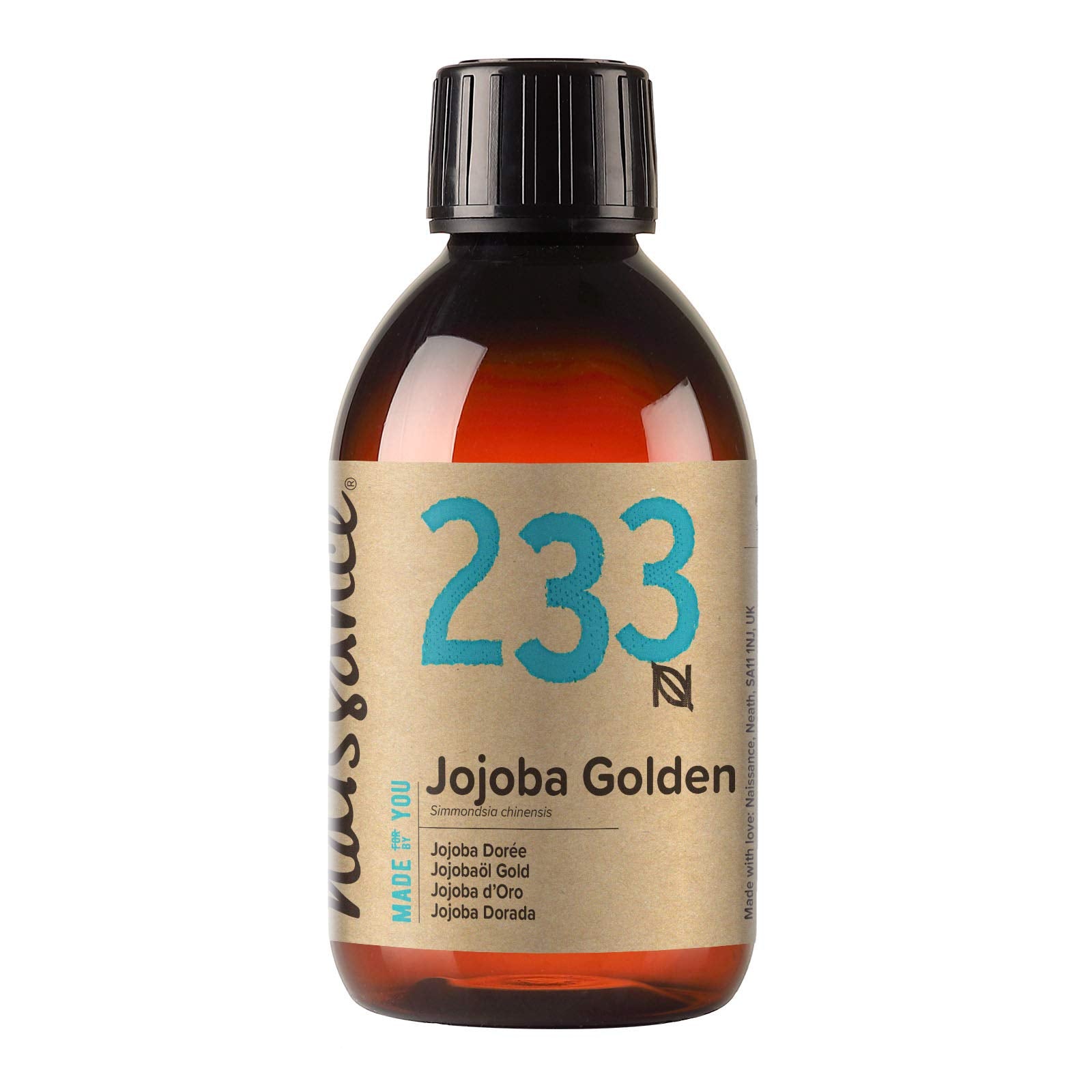 Naissance Golden Jojoba Oil (No. 233) 250ml - Pure Cold Pressed Unrefined - Natural Moisturiser for Skin, Face, Nails, Hair - Aromatherapy, Massage, Vegan, Hexane Free, DYI Beauty