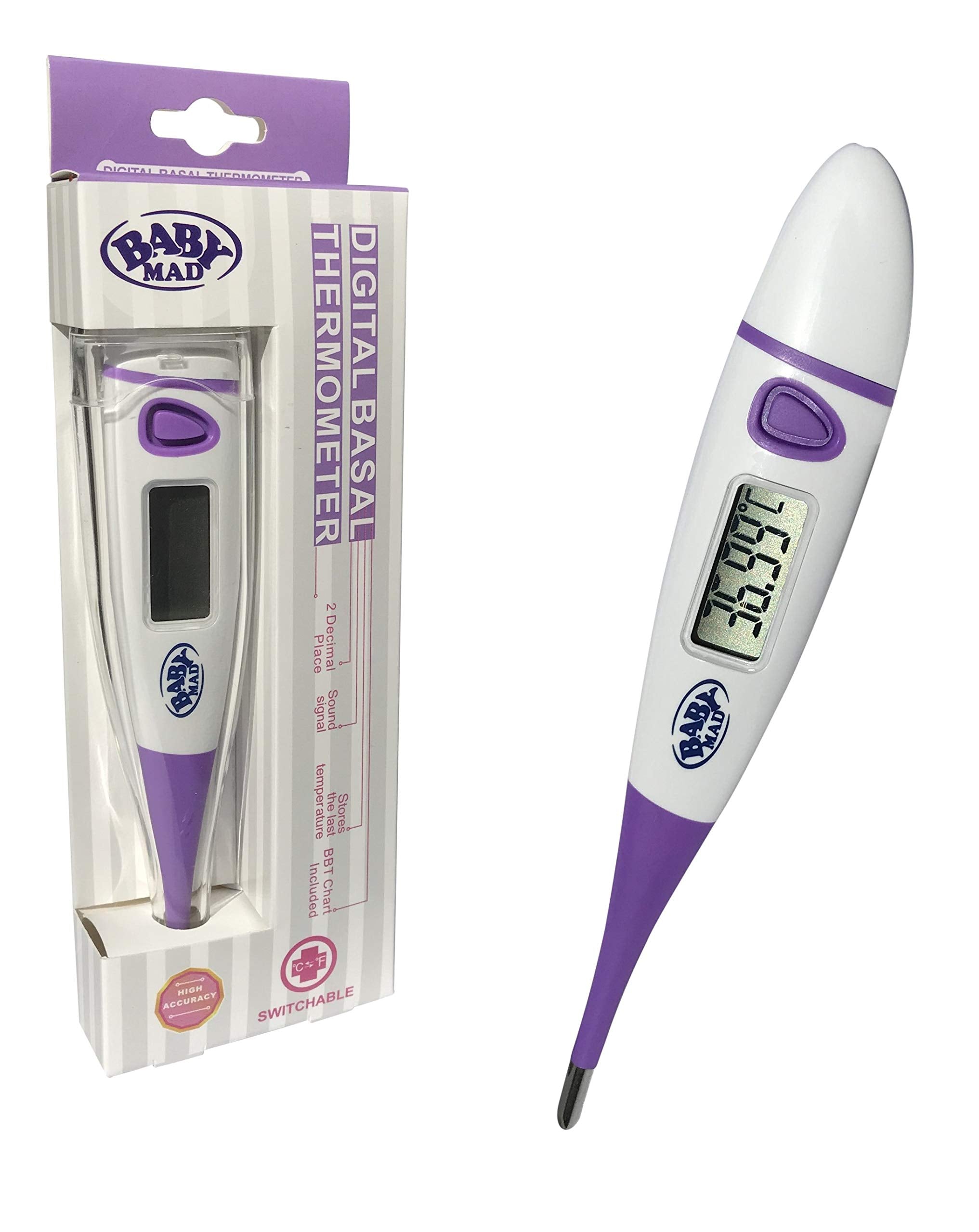 Basal Thermometer for Ovulation - Switchable C/F - Temperature Chart - Hard Storage Case - BabyMad