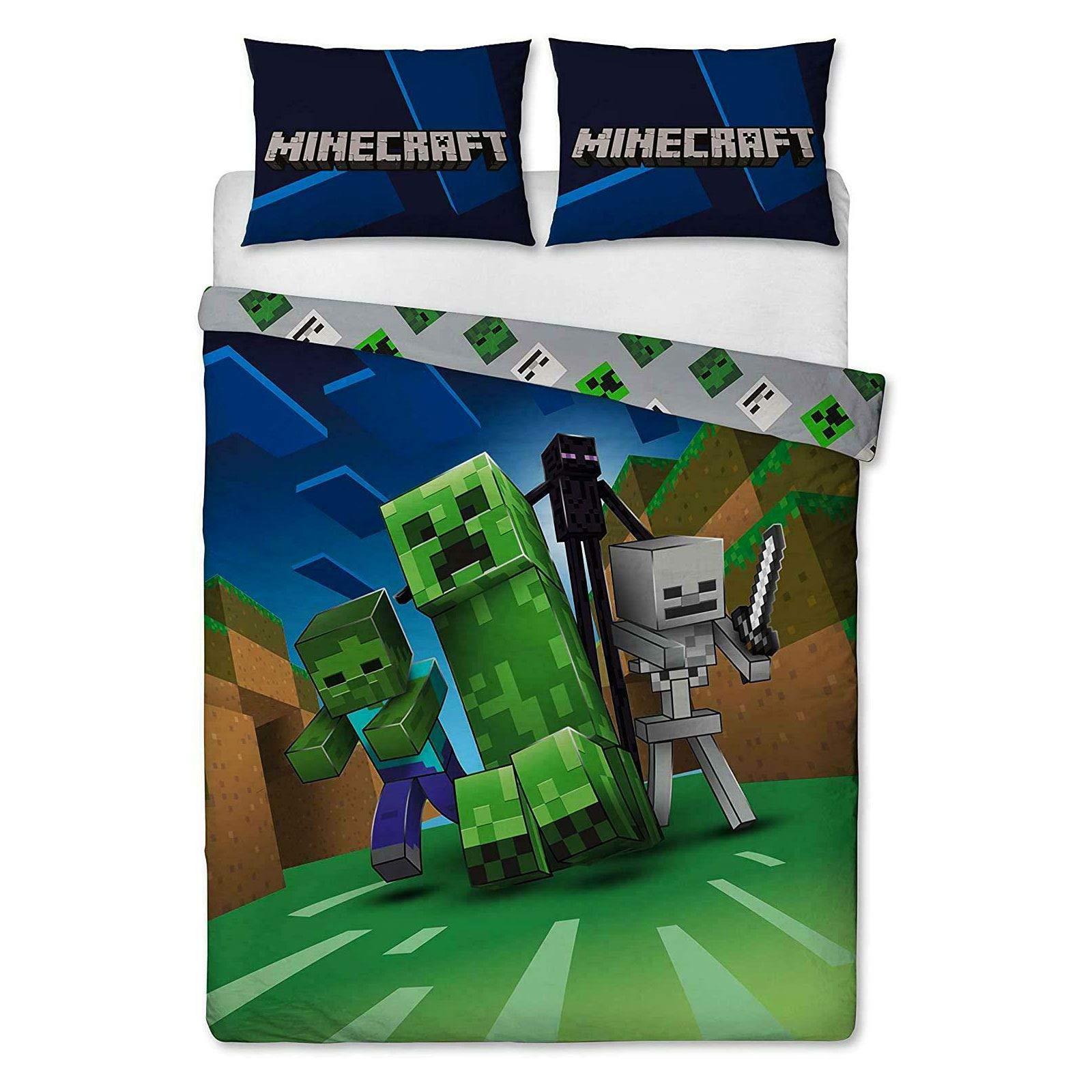 Minecraft Creeps Double Duvet Cover Officially Licensed Reversible Two Sided Creeper Design with Matching Pillowcase, Polycotton, Blue