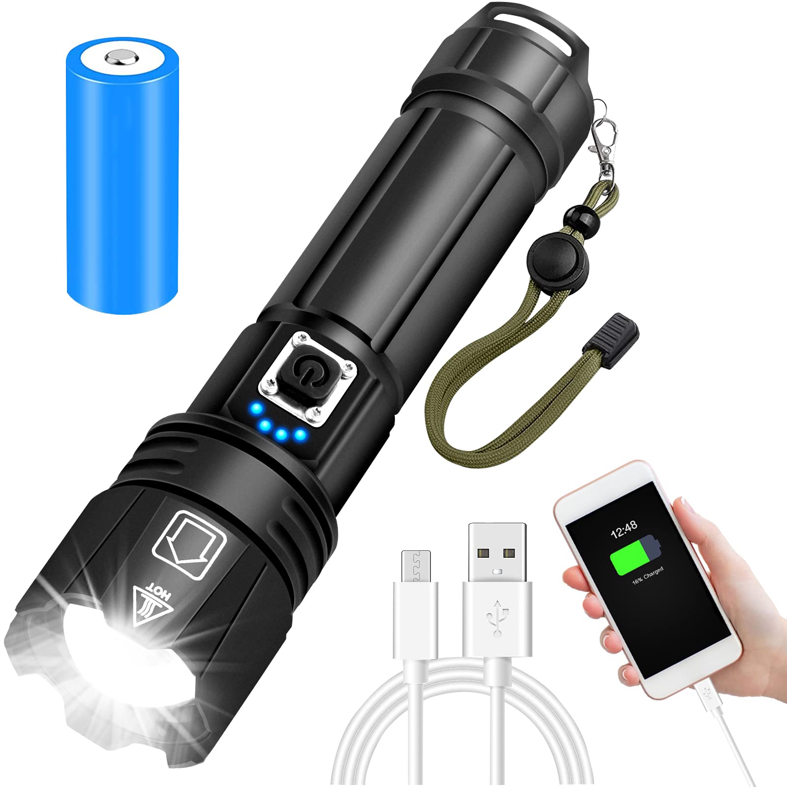 Torches LED Super Bright, Rechargeable LED Torch 6000 Lumens, Tactical Flashlight with Holster, CREE XHP70.2, IP67 Waterproof, 5 Light Modes, for Camping Hiking Emergency