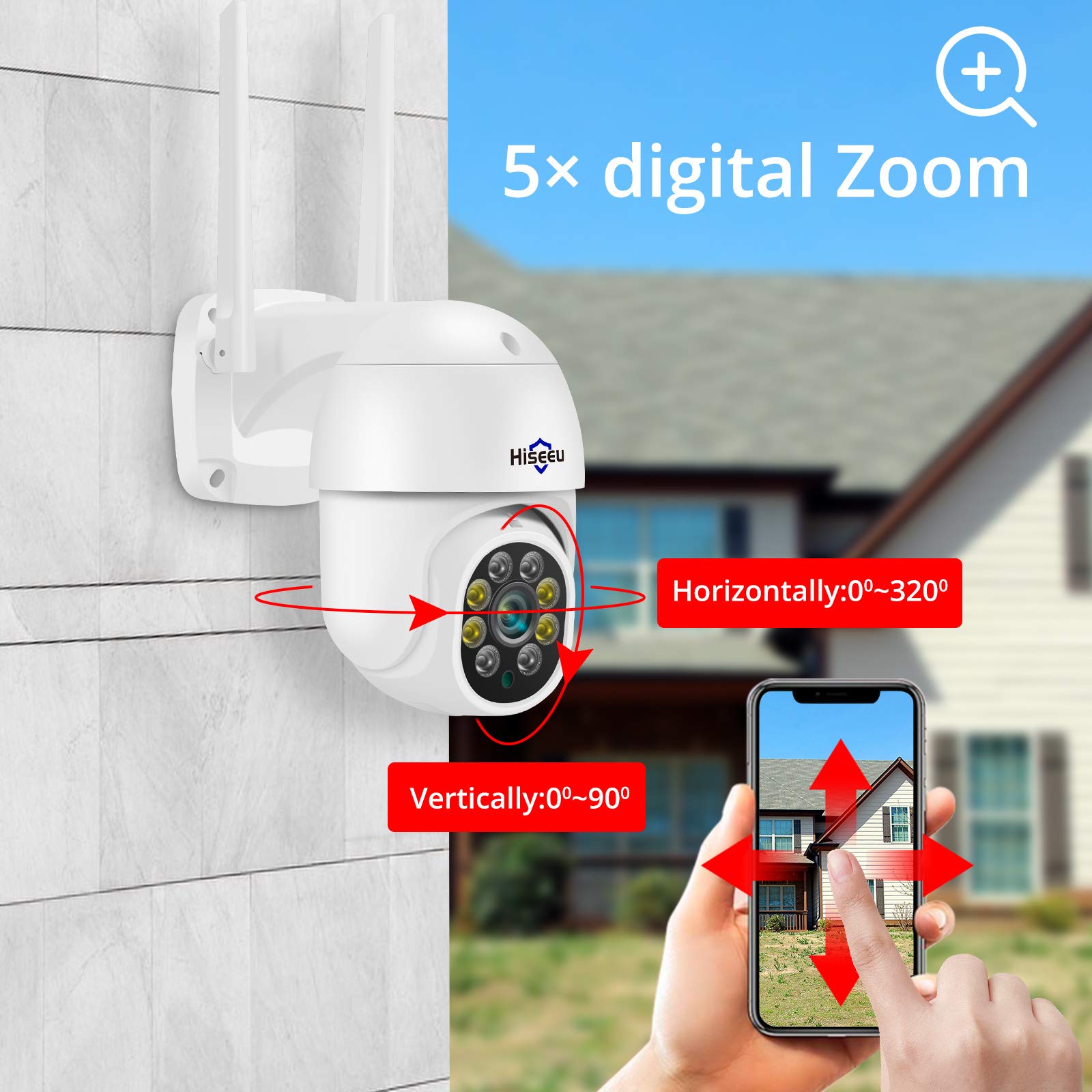 【2K+Auto Tracking】Security Camera Outdoor with Color Night Vision,Hiseeu 3MP PTZ Digital Zoom Wifi Security Camera 360° View CCTV Camera with 2-Way Audio,Auto Cruise,Remote Access,IP66 Waterproof