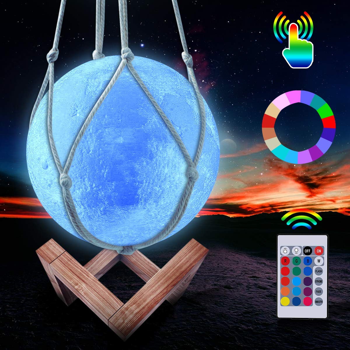 Kangtaixin Moon Lamp, LED 3D Print Moon Light Lamp, 16 Colours Dimmable Remote Touch Control Night Light for Kids with Wooden Stand and Hanging Net (15 cm)