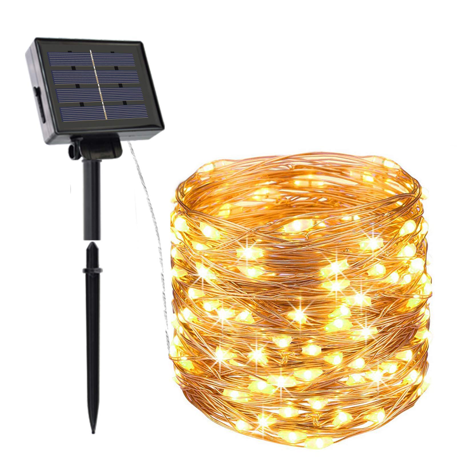 Opard Solar String Lights 200 LED 66ft/20m USB Plug & Solar-Powered Copper Wire Fairy Lights IP44 Waterproof for Patio, Garden, Christmas (Warm White, 1 Pack, 200LEDs)