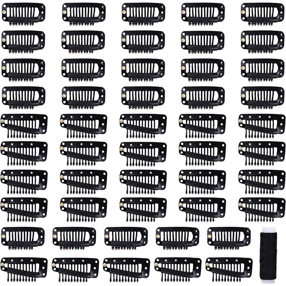 50 Pieces Wig Clips Stainless Steel Snap Clips 9 Teeth and 10 Teeth Comb Clips for Hair Extensions,Black