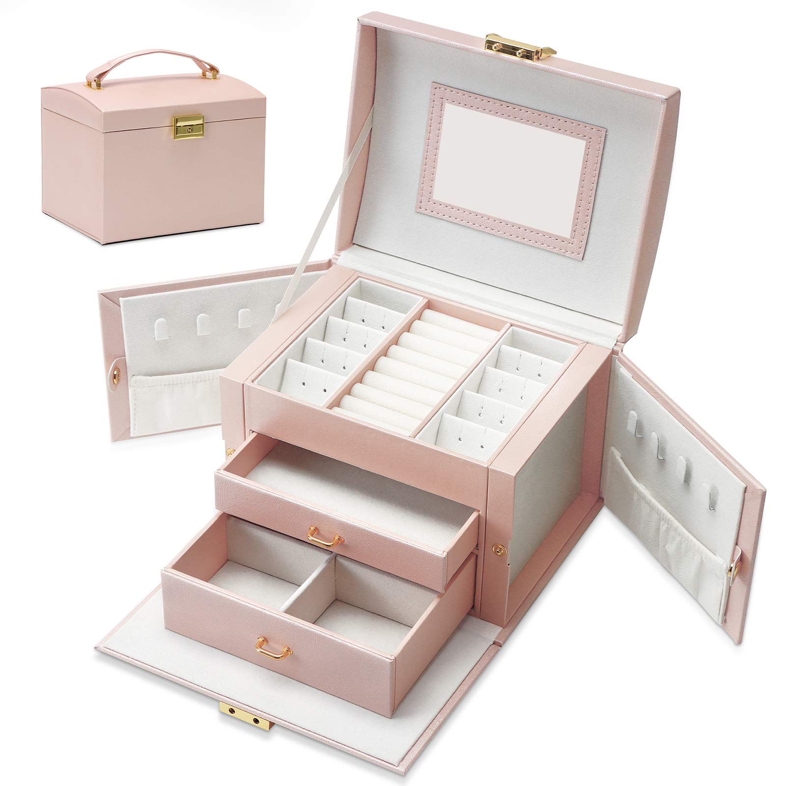Jewellery Box Earring Rings Jewellery Organiser with 2 Drawers Portable PU Leather Small Jewelry Storage Case with Mirror and Lock Gift for Women Girls