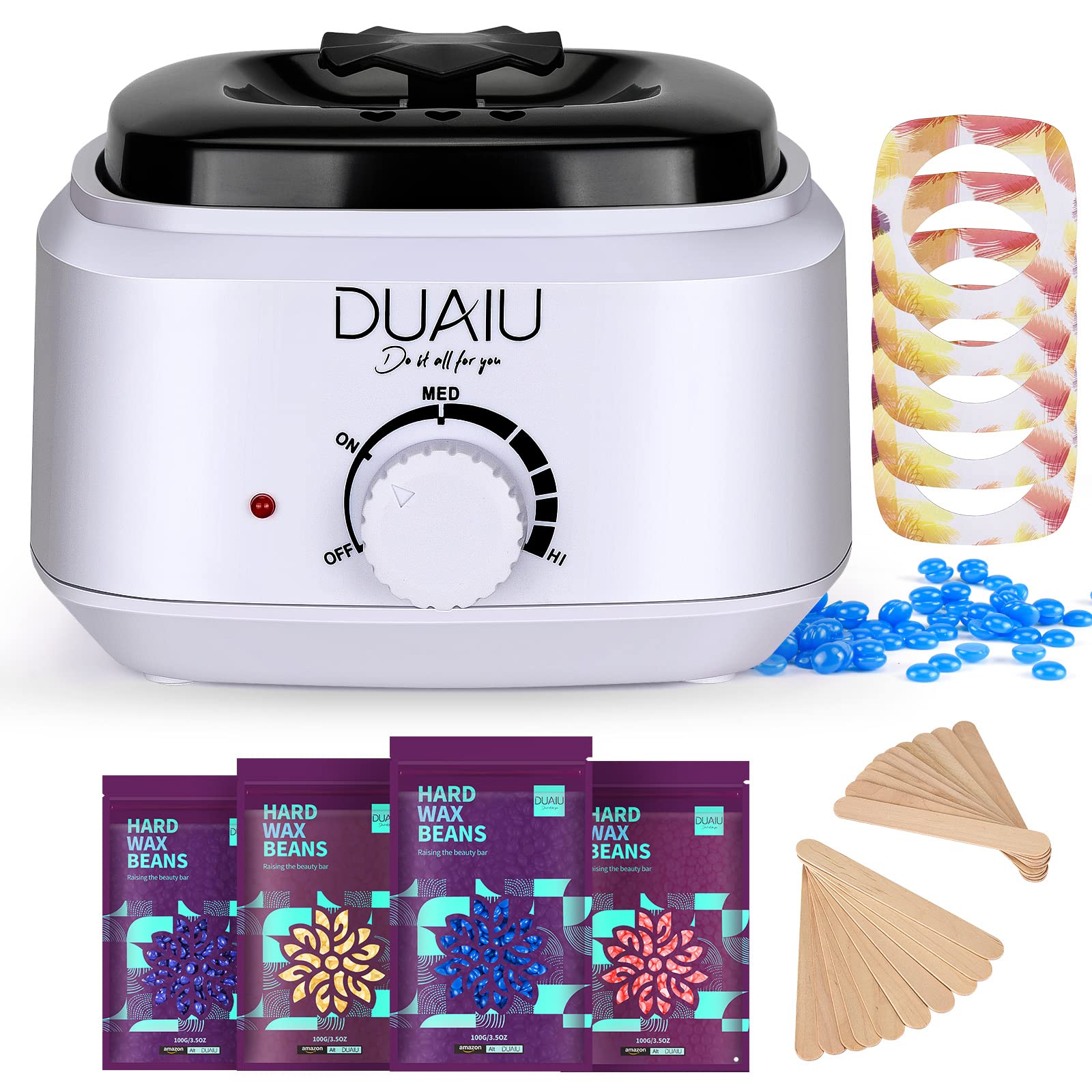 Waxing Kit DUAIU Hair Removal Wax Pot Professional Wax Warmer with 4 Packs Hard Wax Beads 20pcs Wax Spatulas 5pcs Wax Collars Wax Kit for Body Leg Face