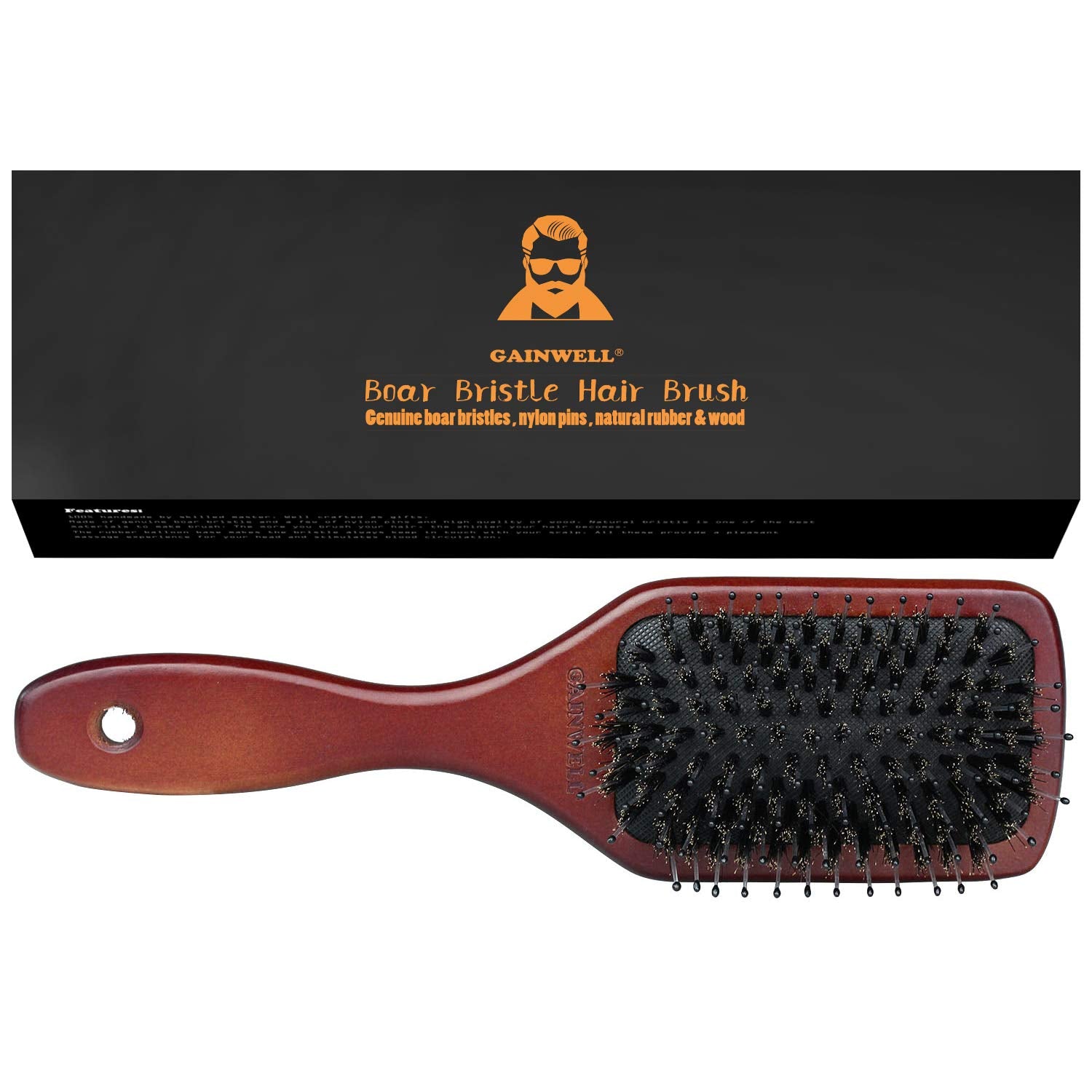 NATURAL BOAR BRISTLE PADDLE HAIR BRUSH - Easily detangles hair, massages scalp and keeps hair naturally oiled and conditioned - Suitable for all hair types and length - GAINWELL