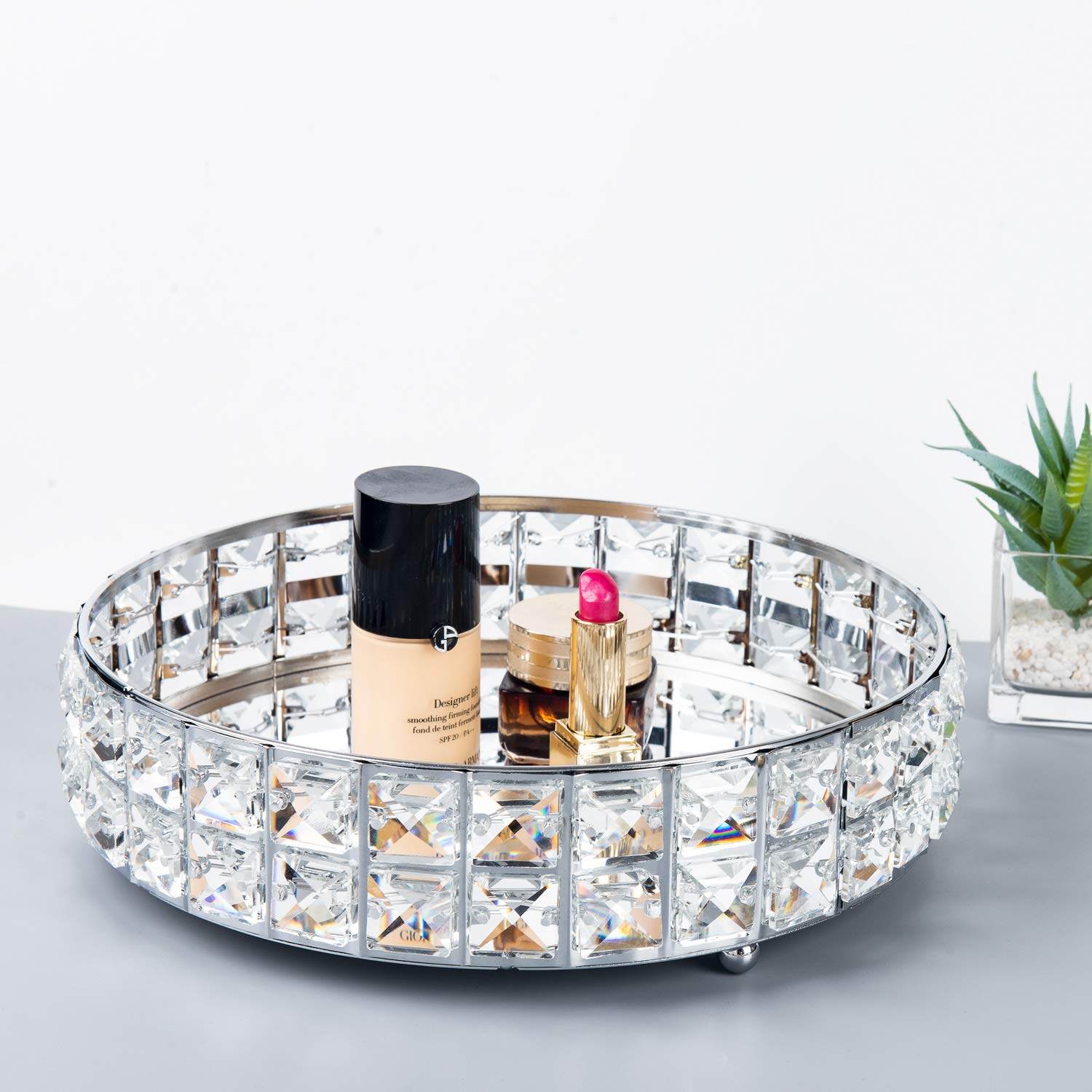 Feyarl Crystal Mirrored Tray Anti-Scratch Glass Mirror Surface Vanity Makeup Tray Cosmetic Perfume Tray Round Decorative Tray for Dresser bathroom Home Decor (Silver)