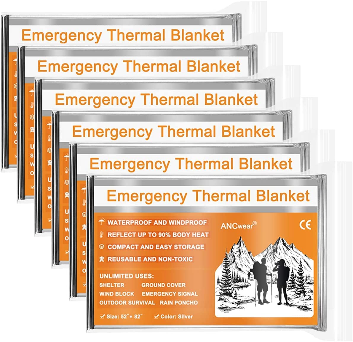 ANCwear Emergency Blankets Pack-6,Foil Mylar Thermal Blankets Space Blanket 52"x82" for Outdoors,Hiking,Survival,or First Aid