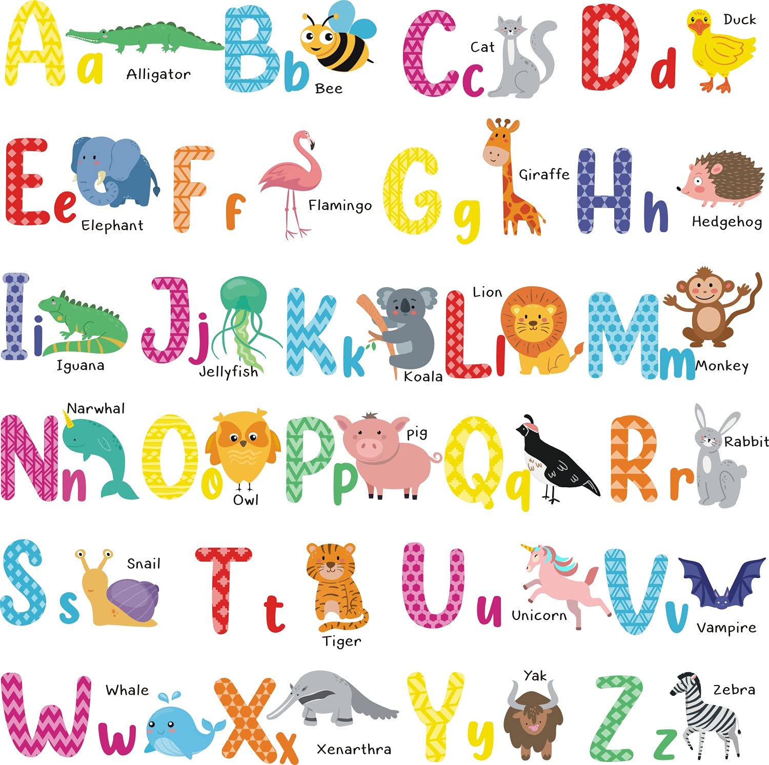 Colorful Alphabet Wall Stickers, Animals ABC Wall Art Decals, Watercolor Educational ABC Alphabet Wall Art Stickers for Kids Boys Girls Room Nursery Bedroom Living Room Art murals Decorations