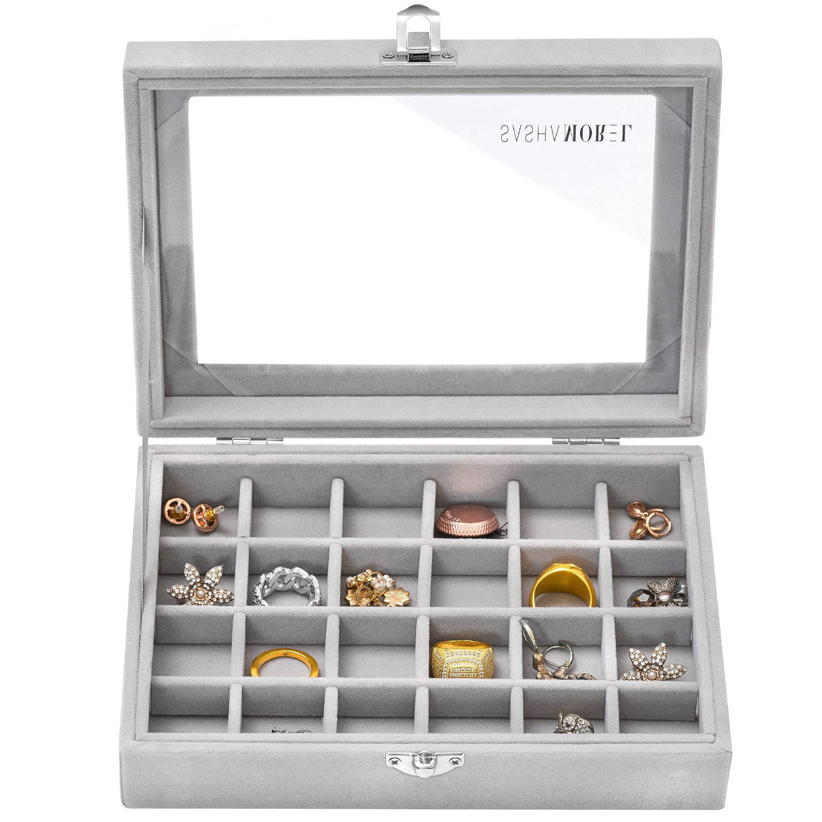 Sasha Morel Multi-Function Slot Velvet Glass Jewellry Box Organizer Case Tray Holder Earrings Storage Box (24 Slot)