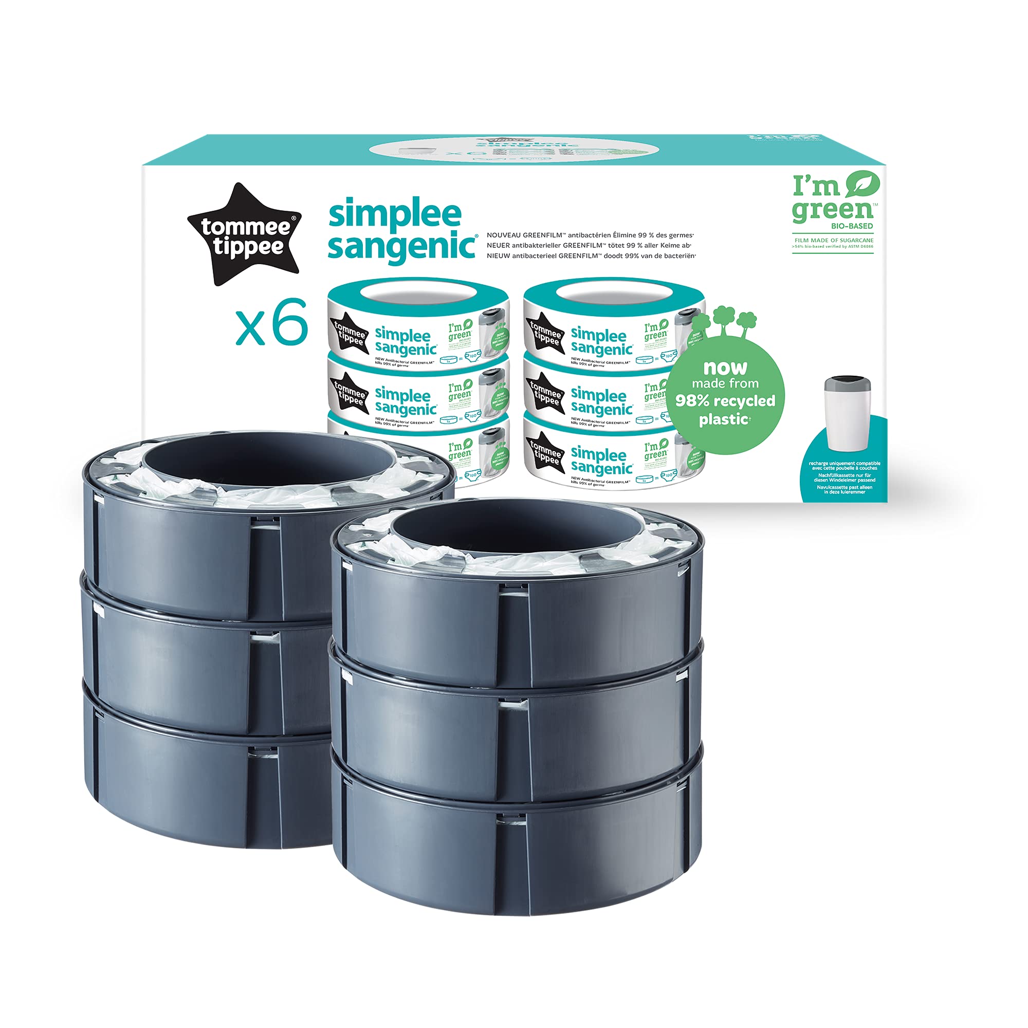 Tommee Tippee Simplee Sangenic Nappy Bin Refills, Sustainably Sourced Antibacterial GREENFILM, Pack of 6