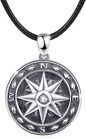 Compass Necklace 925 Sterling Silver mens jewellery pendant necklace black necklace for Men Boys with Leather Rope length 20inch (50cm)