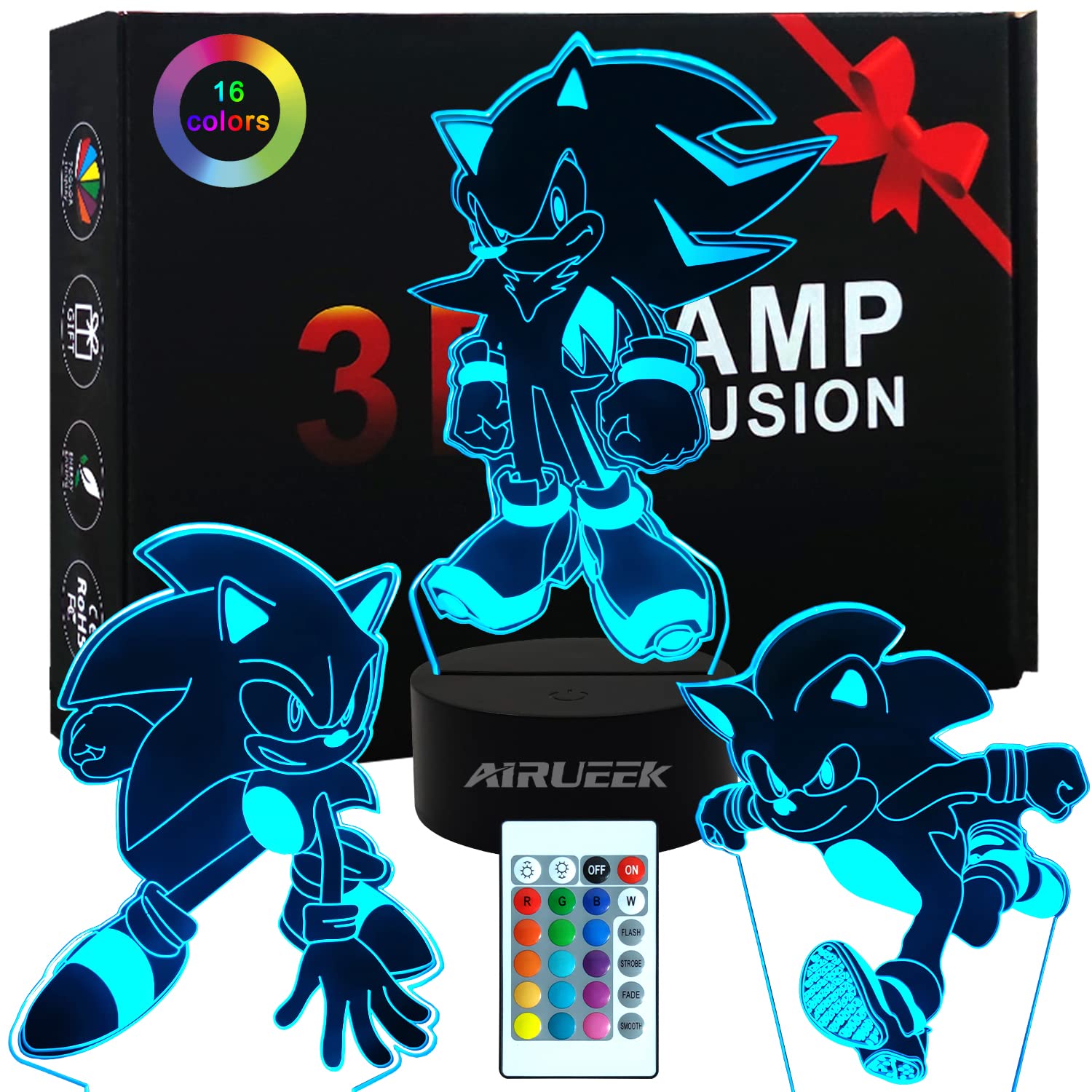 Sonic Toys Night Light 3D Illusion Lamp-16 Color Variations/3Pack Acrylic Board /1 Remote/1 Black Base/-Bedroom Decoration Creative Anime Sonic Hedgehog Gifts for Women Kids Boys Sonic Fans