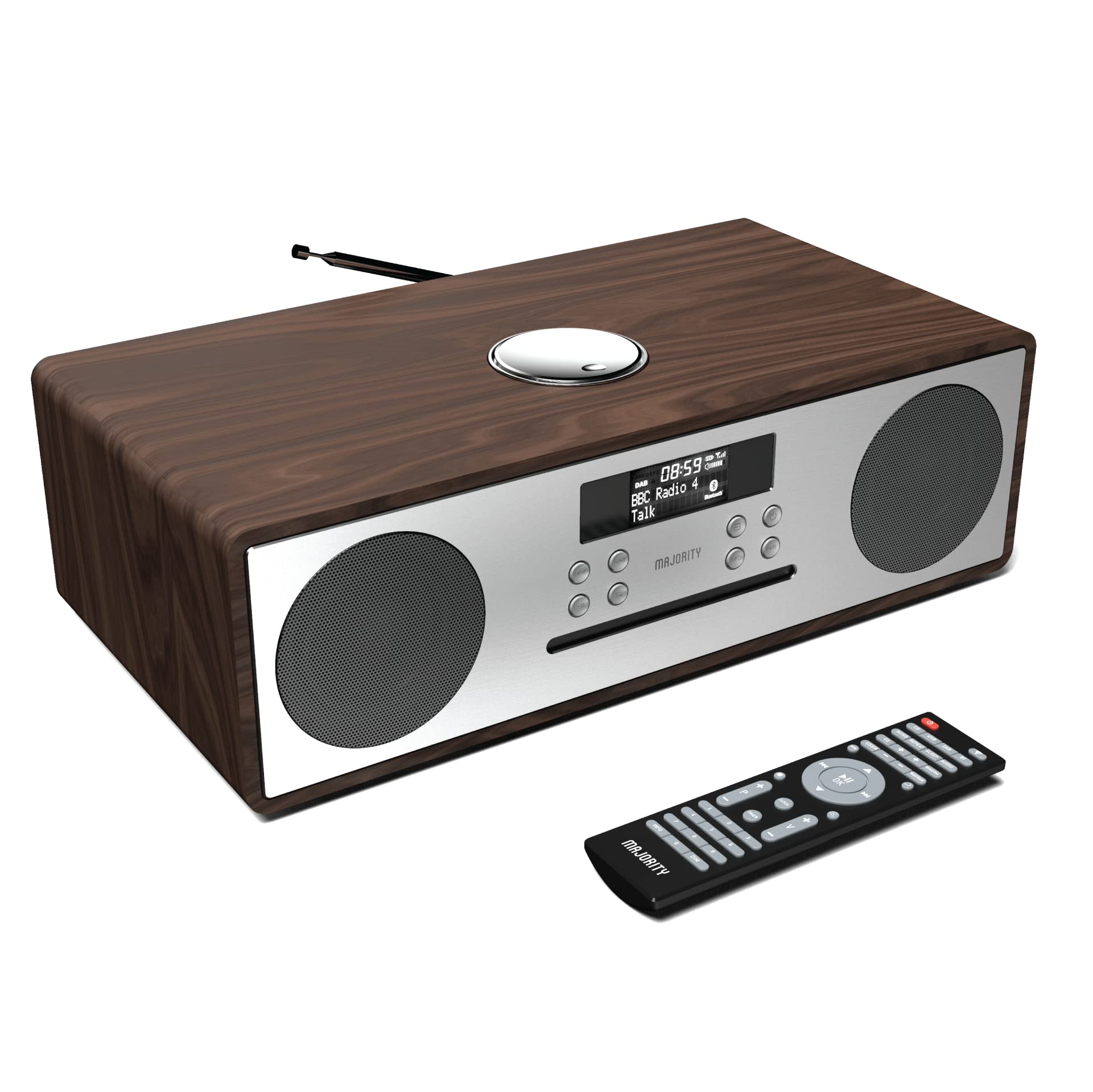CD Player with FM, DAB and DAB+ Digital Radio | Bluetooth CD Stereo System with Remote, Aux, USB Input and LED Display | Majority Oakington | Compact Hi-Fi with Adjustable Bass and Equalizer | Walnut