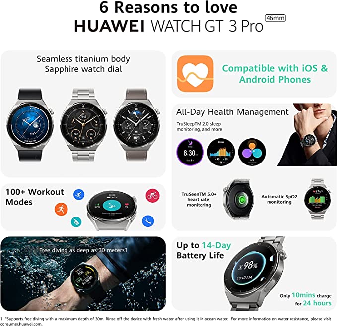 HUAWEI WATCH GT 3 Pro Smartwatch - Fitness Tracker and Health Monitor with Heart Rate & Blood Oxygen Monitoring - Long Lasting Battery Up to 2 Weeks - Sapphire Watch Dial - Bluetooth - 46" Grey