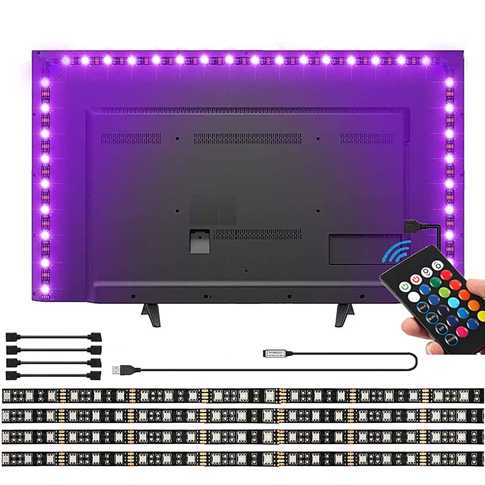 LED TV Backlight USB Powered for 24-60 Inch TV, LED Strip Lights with Remote 2M/4Pcs x 50cm, Adjustable Brightness Multi-Coloured Mood Lights Bias Lighting Kit for TV, Monitor, Computer, Bedroom Decor