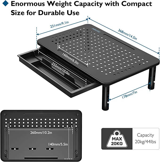 BONTEC Monitor Stand with Drawer, 3 Height Adjustable PC Monitor Riser for Desk with Mesh Platform for Laptop, Computer, iMac, PC, Printer up to 20KG, Cable Ties Included