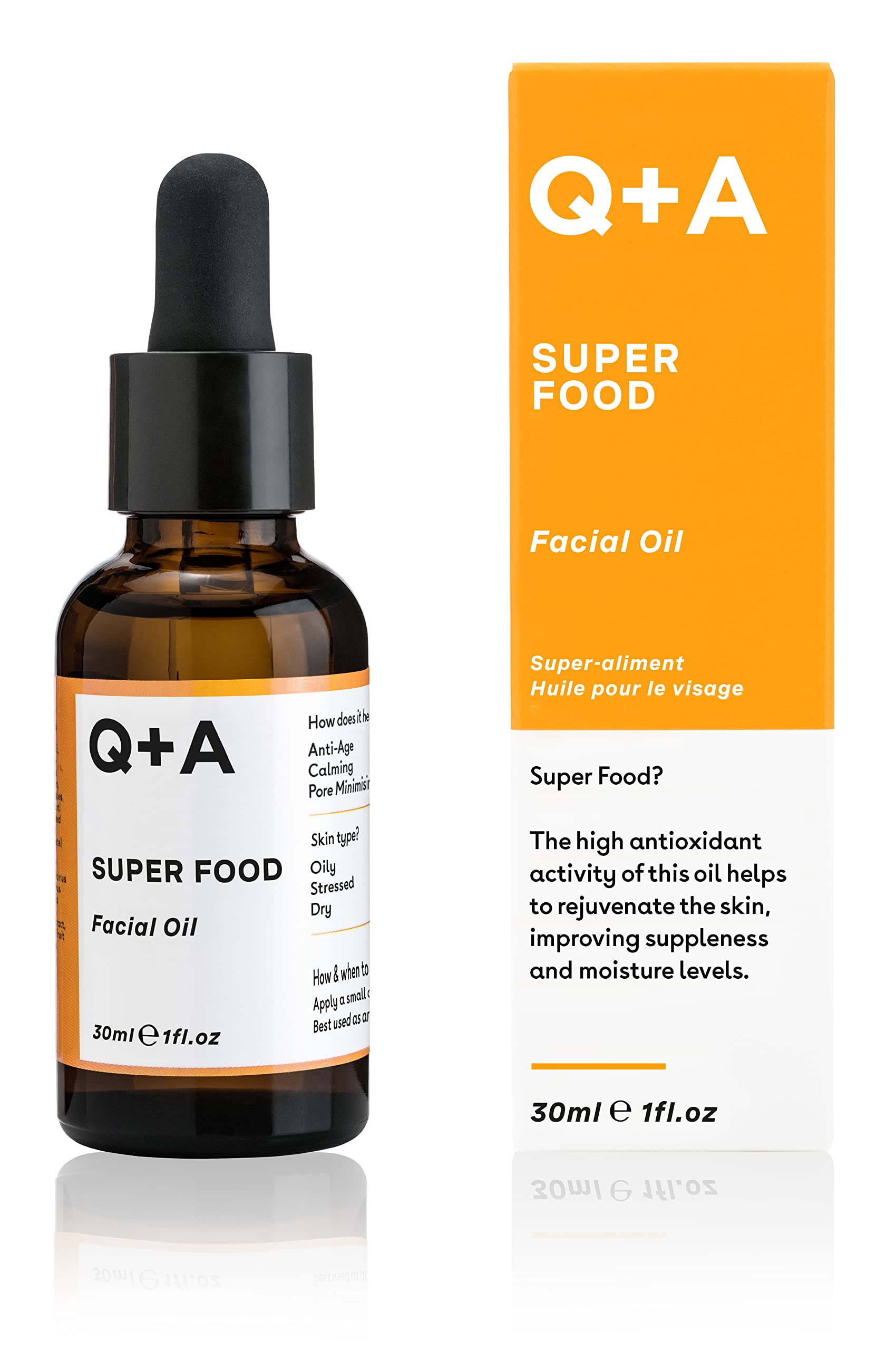 Q+A Super Food Facial Oil. A complexion enhancing face oil packed with 100% natural ingredients. 30ml/1fl.oz