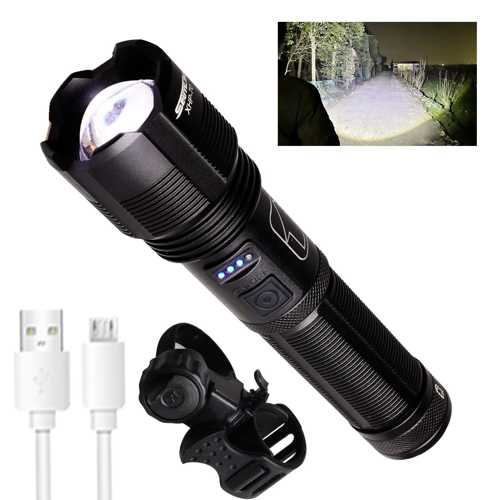 Seutgjie Rechargeable Torches LED Super Bright 10000 Lumen Powerful for Tactical Police Military Camping Zoomable XHP70 IP67 Waterproof 5 Light Modes with Battery USB Cable and Bicycle Holder