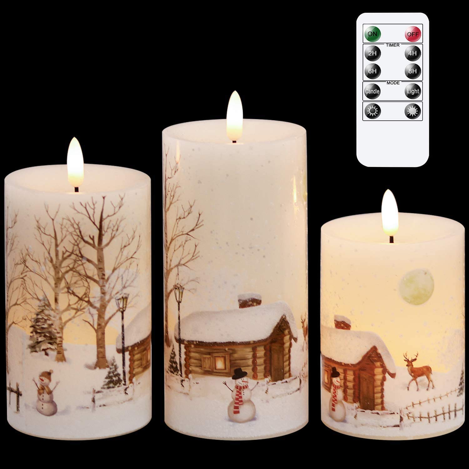 Eldnacele Flameless Flickering Christmas Snowman Fake Candles with Remote 3D Wick Snow Scene Decal Real Wax Candles Lights Led Flames for Christmas Home Decoration Powered by 2 AA Batteries, 3 Pack