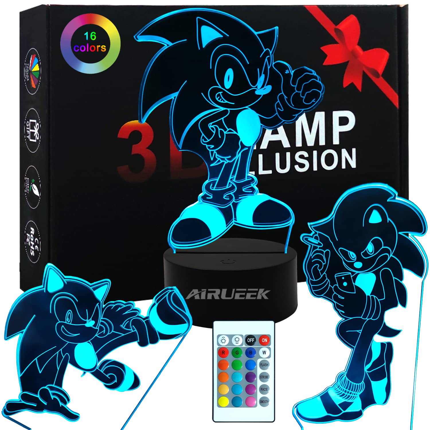 Sonic Toys Night Light for Kids 3D Illusion Lamp-3 Pattern -Bedroom Decoration Creative Anime Sonic Hedgehog Gifts for Women Kids Boys Sonic Fans