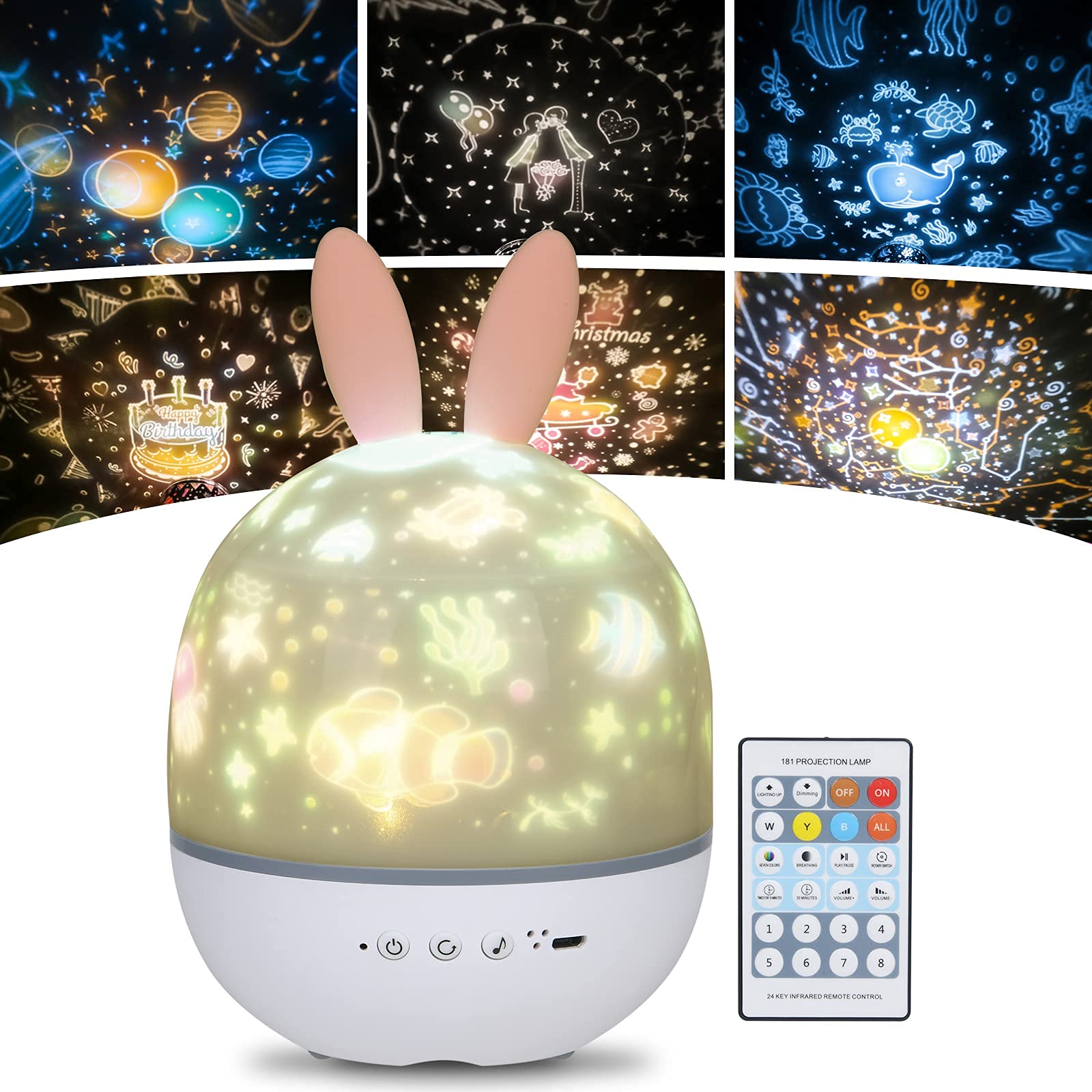 URAQT Star Light Projector with Music, Kids Night Light with Remote Control and Timer, Personalised Baby Kids Gifts, 4 Light Modes/6 Projection Themes/7 Brightness/8 Kinds of Music/360° Rotation