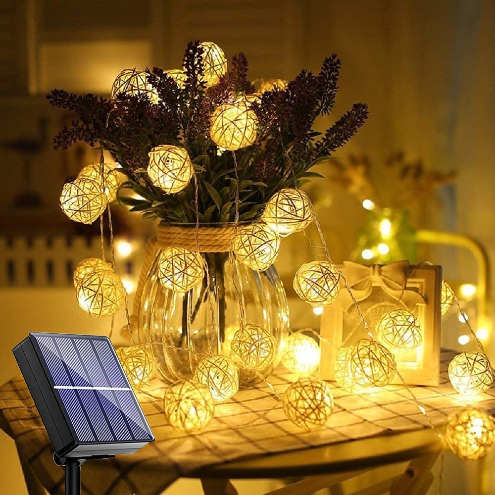 CAROKI Solar String Lights Lanterns, 30LED 19.7ft Waterproof Outdoor Solar Lights with 8 Modes Garden Rattan Ball Bulbs Decorative Lighting Fence Lights for Patio,Home,Wedding Party Decor (Warm-White)